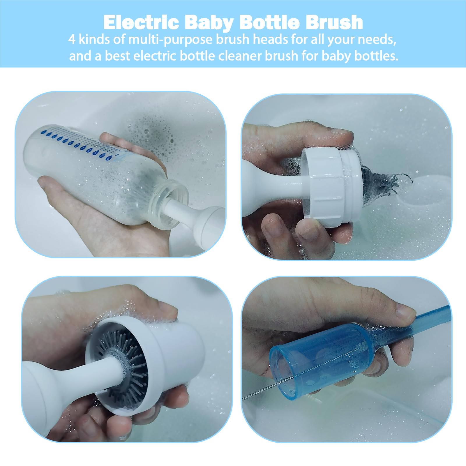 Rechargeable Electric Baby Bottle Brush Set with Replaceable Silicone Brushes & Straw Cleaner - Waterproof Multi-Purpose Cleaning Kit for Baby Bottles, Sippy Cups, and Breast Pump Parts (White) | Perfect for New Parents, Daycare, and Travel Use