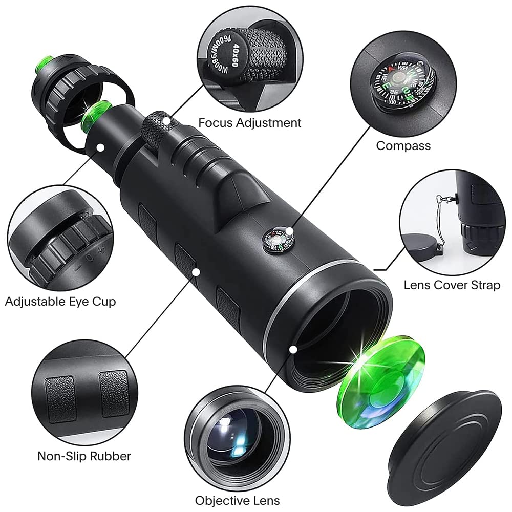 40X60 High Power Monocular Telescope for Bird Watching, Hunting, Camping & Travel - Compact & Lightweight with Smartphone Adapter, Tripod & Carry Case (Black) | Perfect for Outdoor Adventures, Wildlife Observation & Sports Events
