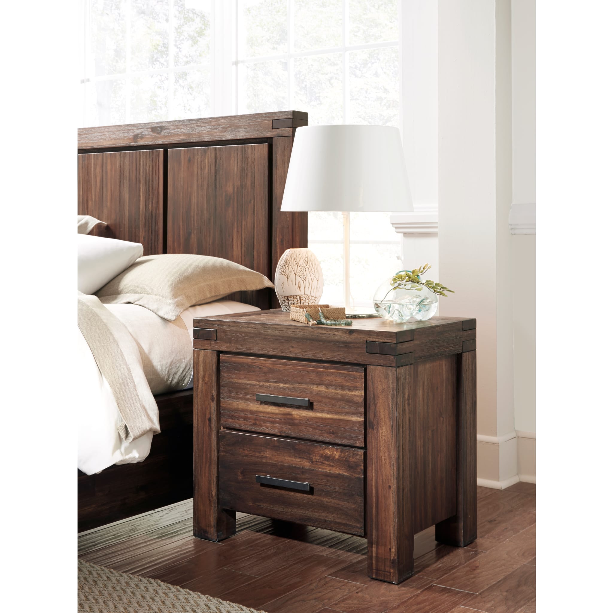 Solid Wood Nightstand with Two Drawers - Brick Brown Finish for Bedroom Furniture, Modern Side Table for Living Room or Guest Room