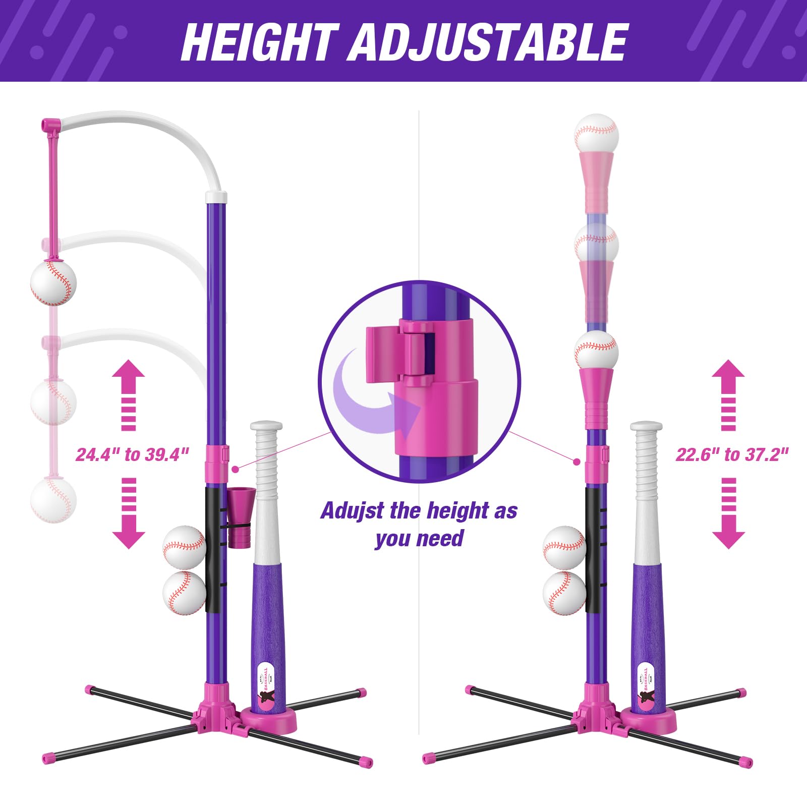 HYES 3-in-1 Adjustable Height Baseball Set for Kids Ages 3-5 - Includes Baseball, Ball Holder, Pitcher & 6 Softballs - Perfect for Backyard Practice, T-Ball Training & Outdoor Sports Activities (Purple)