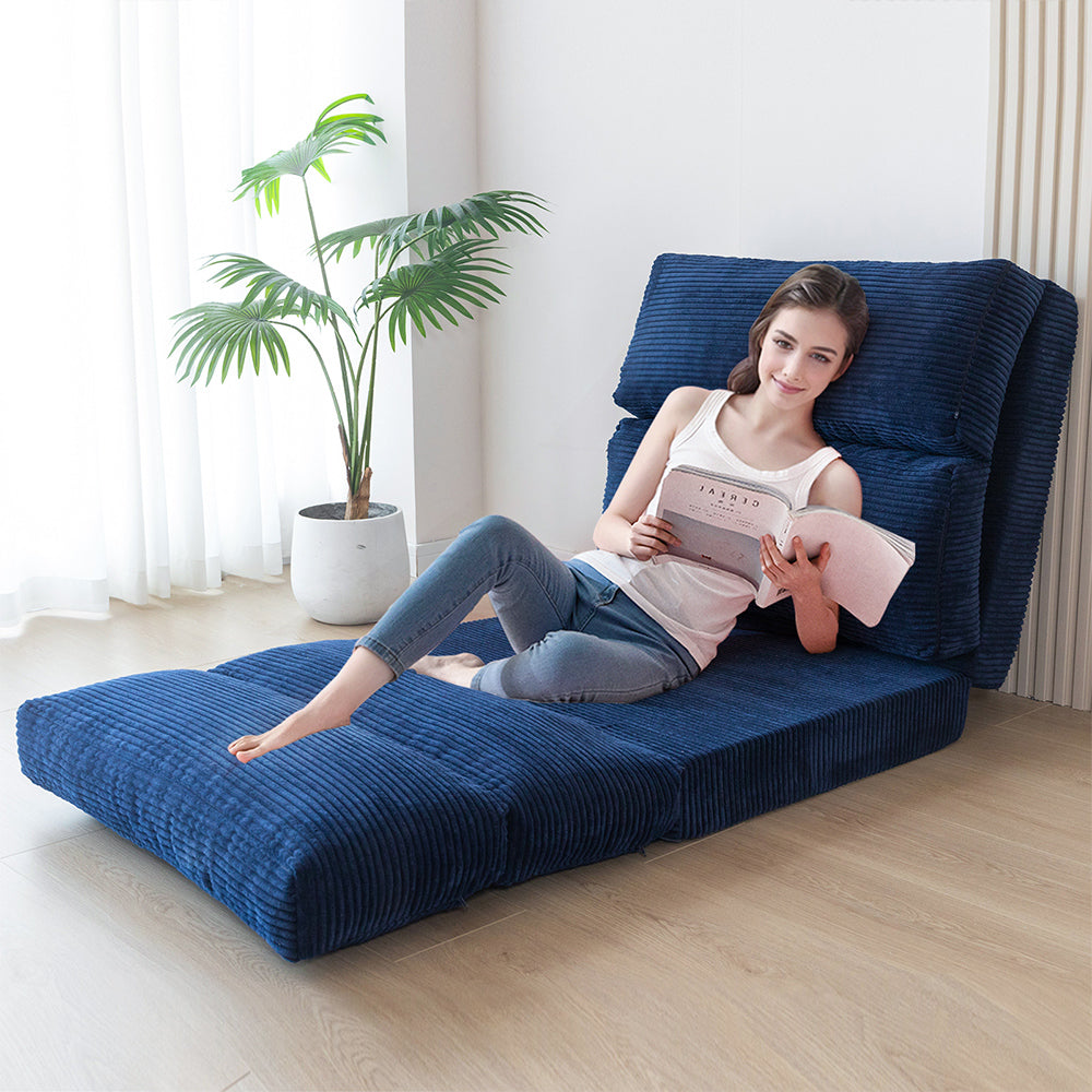 MAXYOYO Folding Sofa Bed - Extra Wide Corduroy Floor Mattress in Navy Blue | Convertible Sleeper for Small Spaces, Guest Room & Dorm | Comfortable Lounge Sofa for Living Room, Bedroom & Apartment
