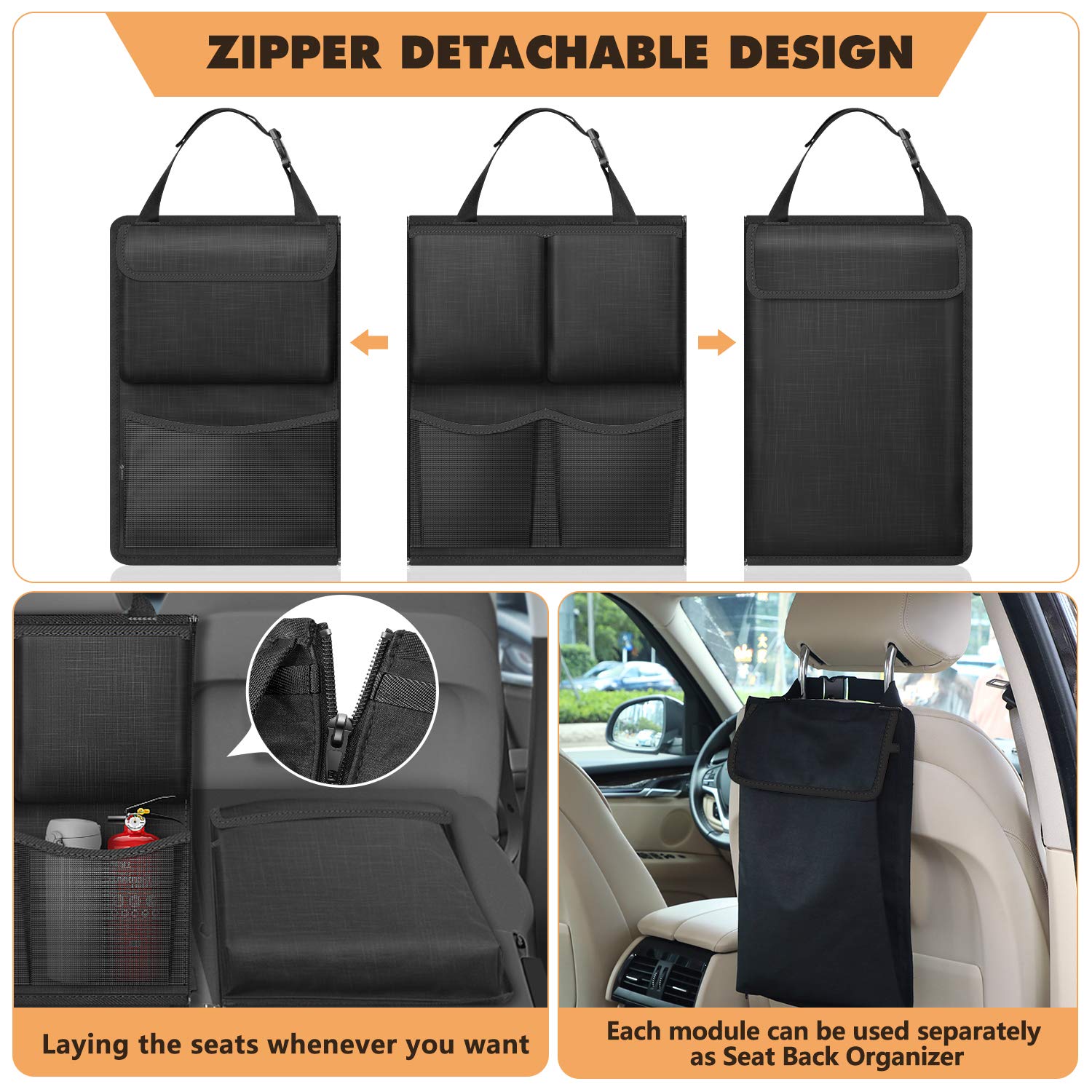 FINPAC Car Trunk Organizer & Storage - Detachable Seat Back Hanging Organizer with Zippers, Large Capacity SUV & Van Storage Accessories for Jeep, Truck, Minivan (Black) | Perfect for Road Trips, Camping & Grocery Shopping