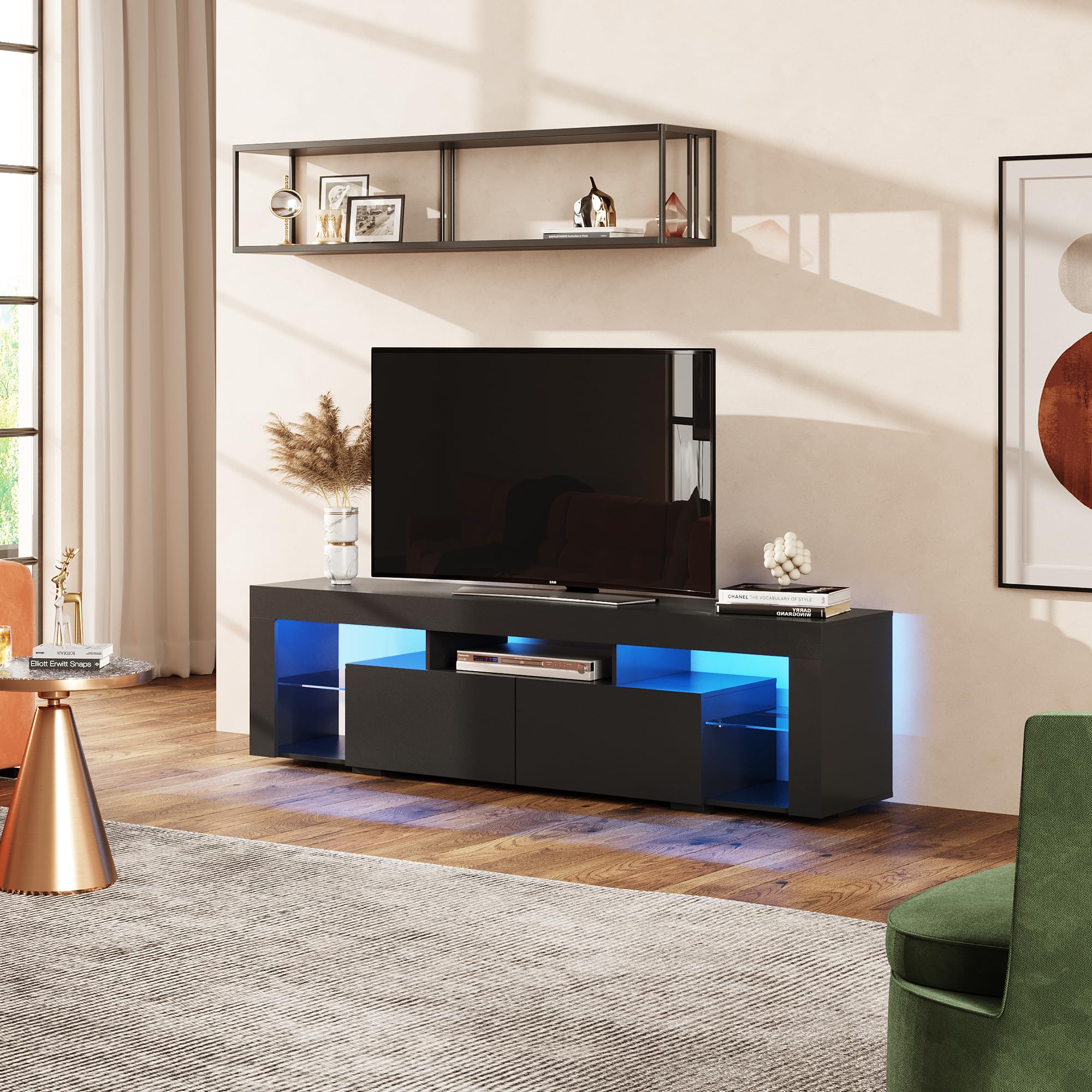 WLIVE 63 Inch TV Stand for 60-70 Inch TVs - Modern LED Entertainment Center with 2 Drawers - Black TV Console for Living Room - Perfect for Home Theater & Family Entertainment