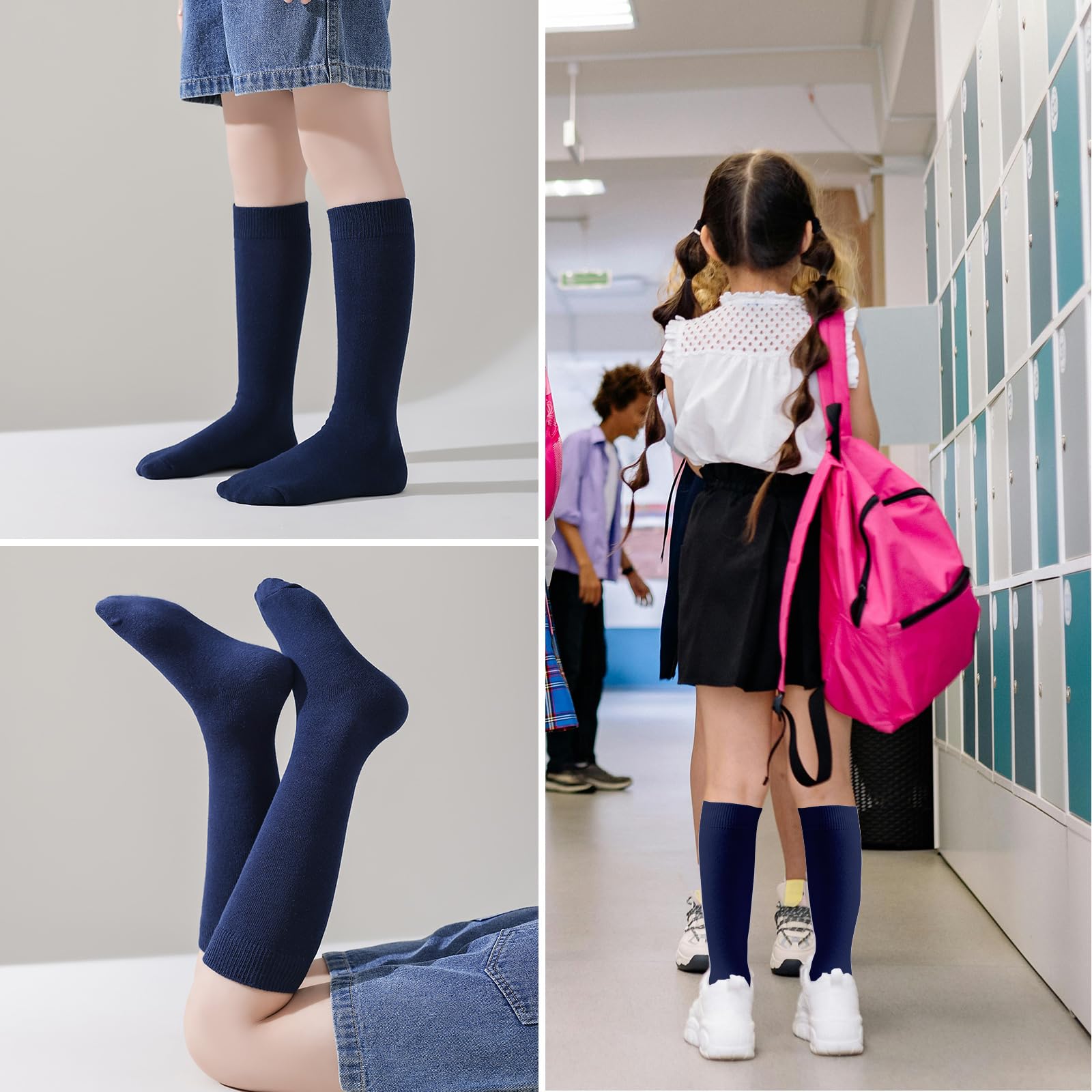 EPEIUS Kids Knee High Cotton Socks - School Uniform Socks for Girls & Boys (5T-15 Years) - Comfortable White & Navy Blue Student Long Socks for Daily Wear, School Activities & Sports