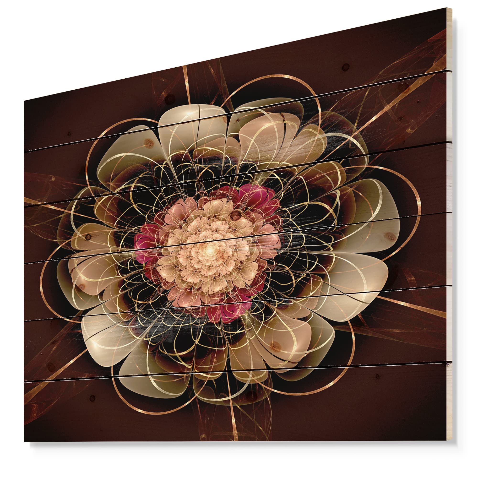 Dark Gold Red Fractal Flower Wood Wall Art - Coastal Nautical Decor - Large Floral Printed Pine Wood Panels for Living Room, Bedroom & Office Wall Decor