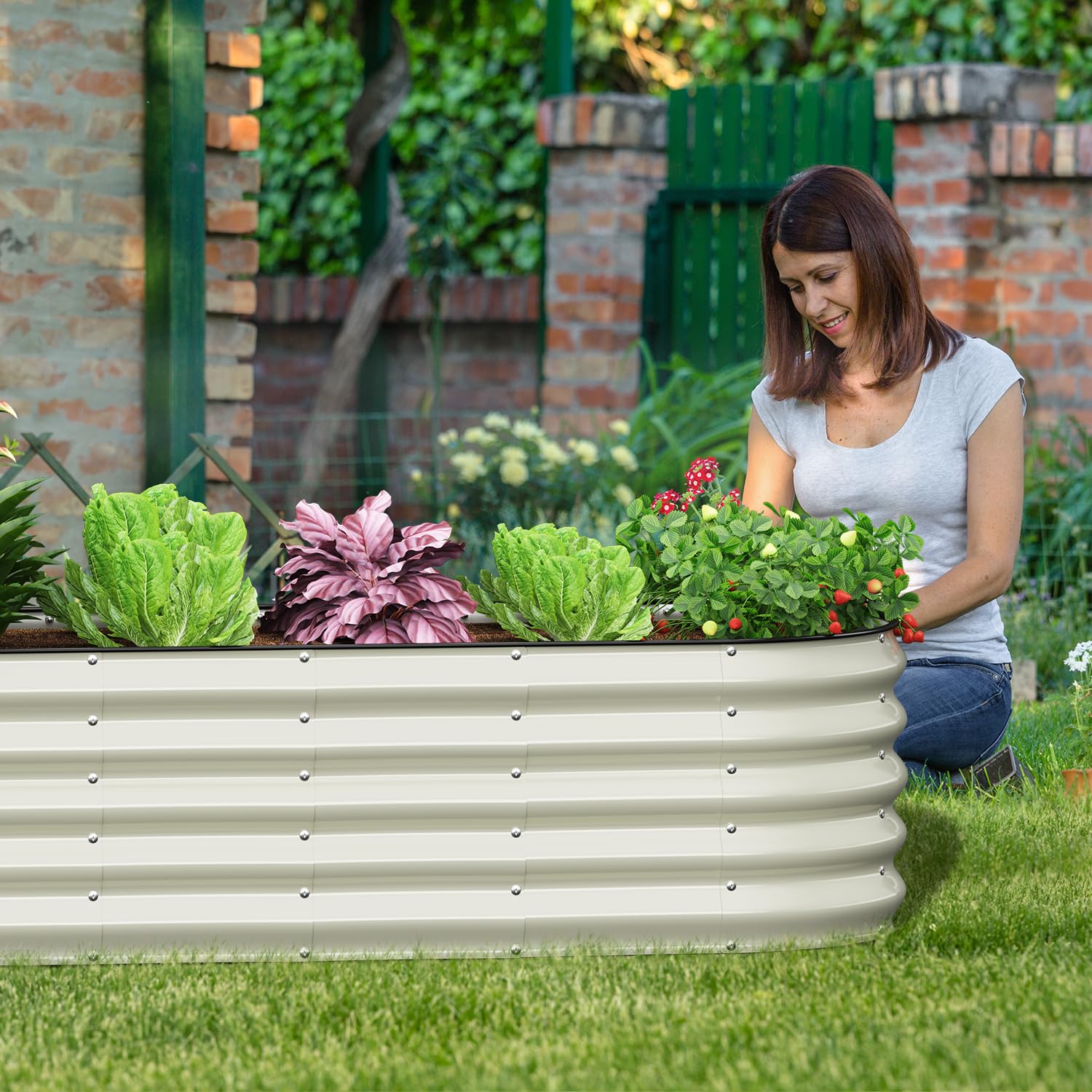 Galvanized Steel Oval Raised Garden Bed Kit - 8x2x1.5 FT Large Metal Planter Box for Vegetables, Flowers & Herbs | Outdoor Gardening Solution | Pearl White Finish | Perfect for Backyards, Patios & Urban Farming