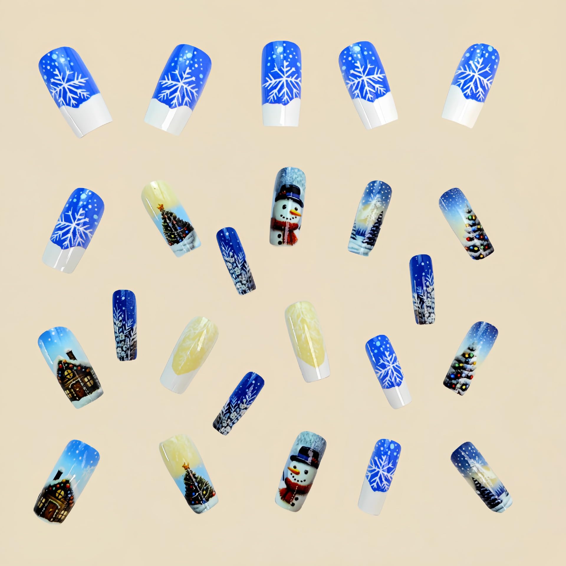 Christmas Press On Nails - Medium Square Blue & White Xmas Nails with Snowman, Snowflake & Holiday Designs - 24Pcs Glossy Acrylic False Nails for Women - Perfect for Holiday Parties, Gift Giving & Winter Nail Art