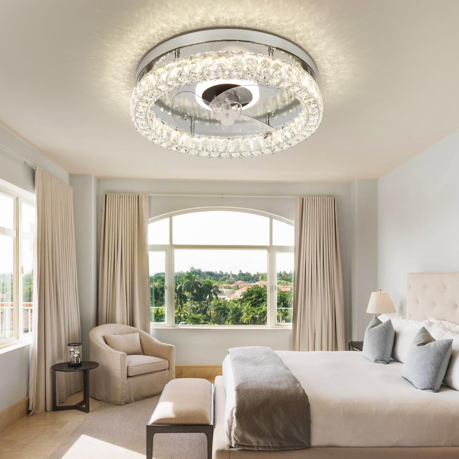 CLAIRDAI Modern Crystal Flush Mount Ceiling Fan with Lights - Remote Control, Dimmable LED Fandelier, Low Profile Design (Chrome) - Perfect for Bedroom, Living Room & Dining Room Lighting