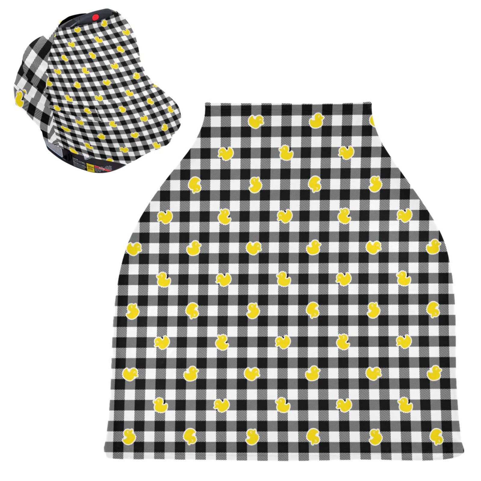Yellow Duck Baby Car Seat Cover - Soft Black & White Buffalo Plaid Nursing Canopy for Infant Stroller | Breathable & Cozy for Girls & Boys | Perfect for Breastfeeding, Summer, Spring & Fall Outings