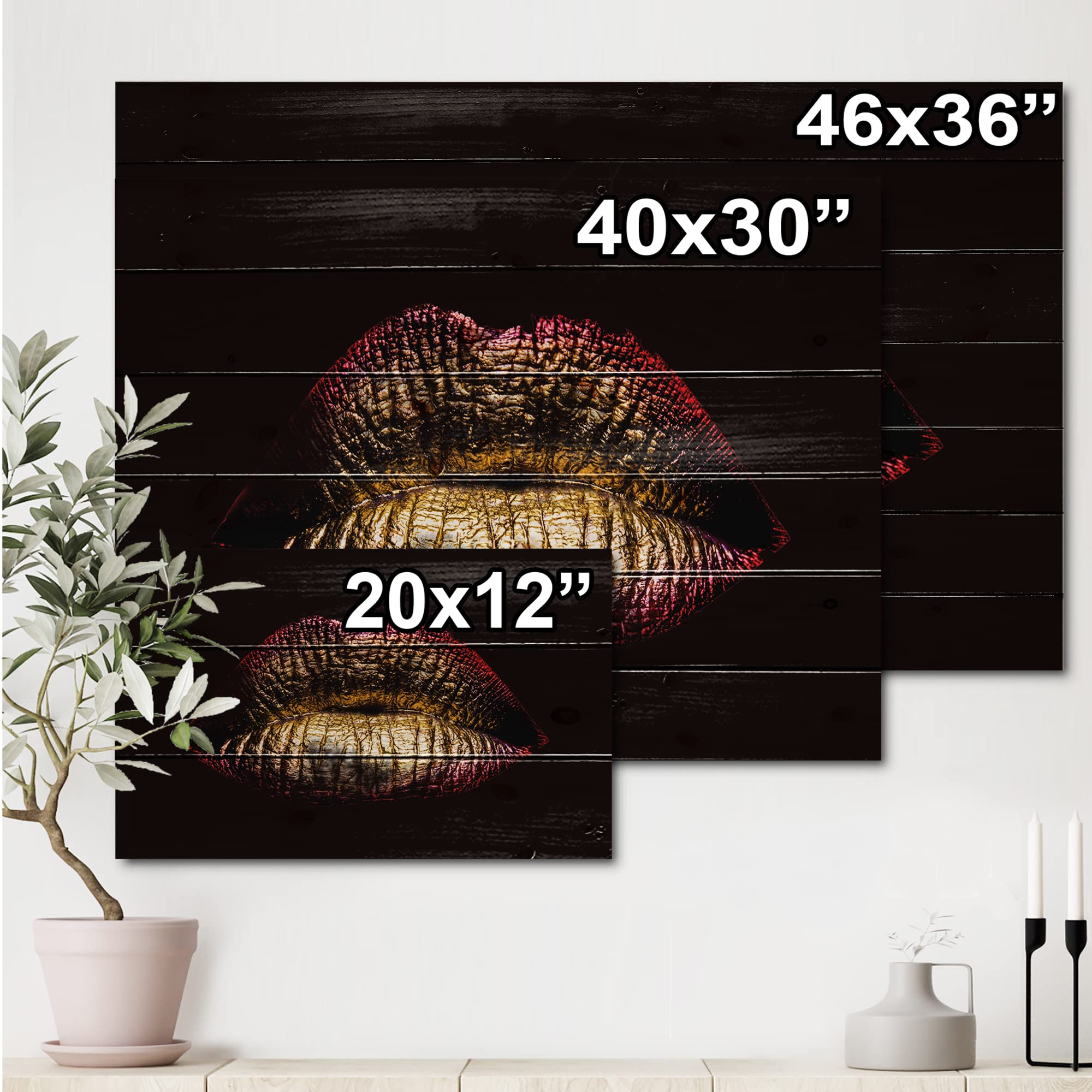 Golden Lips Wood Wall Art - Modern Metallic Decor for Living Room