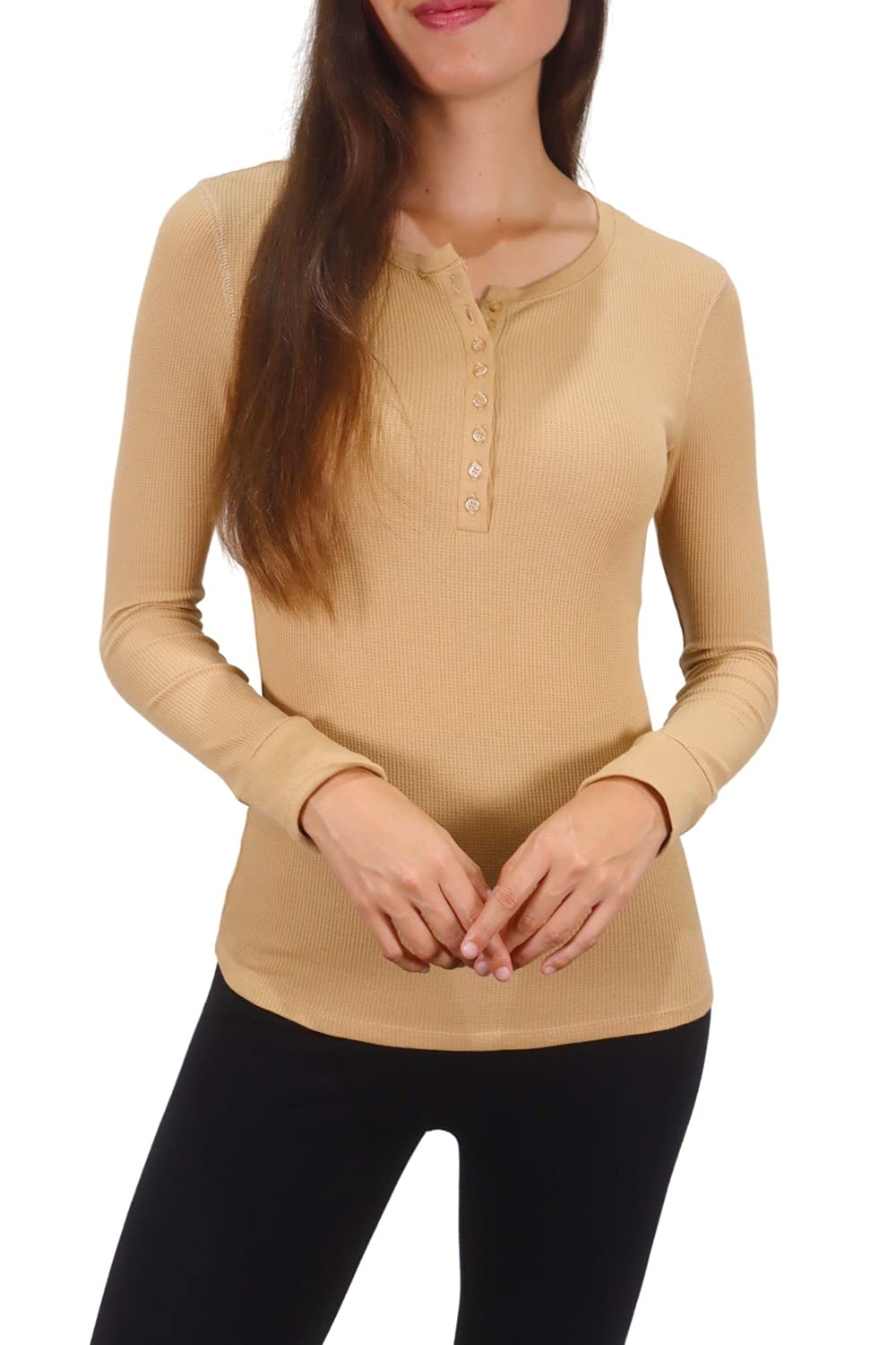 Pure Look Women's Long Sleeve Waffle Knit Thermal Shirt - Stretch Cotton Underwear Top for Winter Layering & Outdoor Activities
