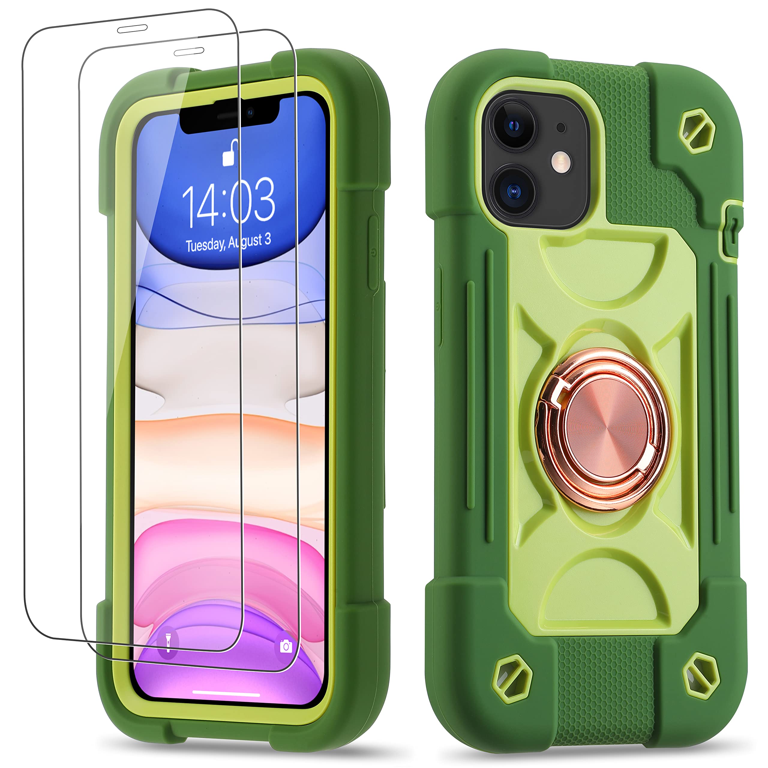 Premium Shockproof Rugged Military Grade iPhone 11 Case (6.1 Inch) with Ring Stand & Magnetic Car Mount - Includes 2 Pack Tempered Glass Screen Protector - Avocado Green - Perfect for Outdoor Adventures & Daily Protection