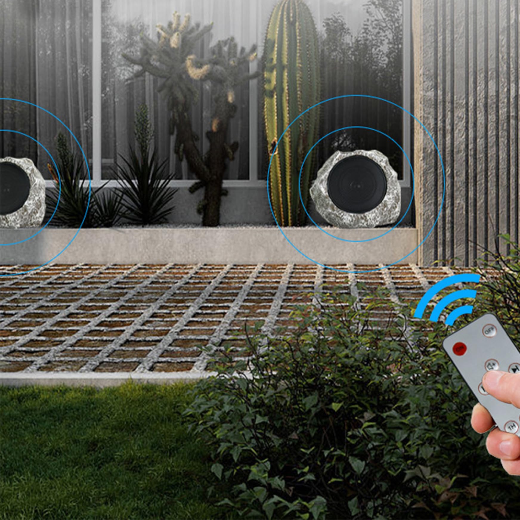 LAANCOO 9X7X7'' Solar-Powered Waterproof Outdoor Rock Speakers - Wireless USB Rechargeable for Garden, Patio, Villa, Park, Camping, Poolside, and Backyard Entertainment