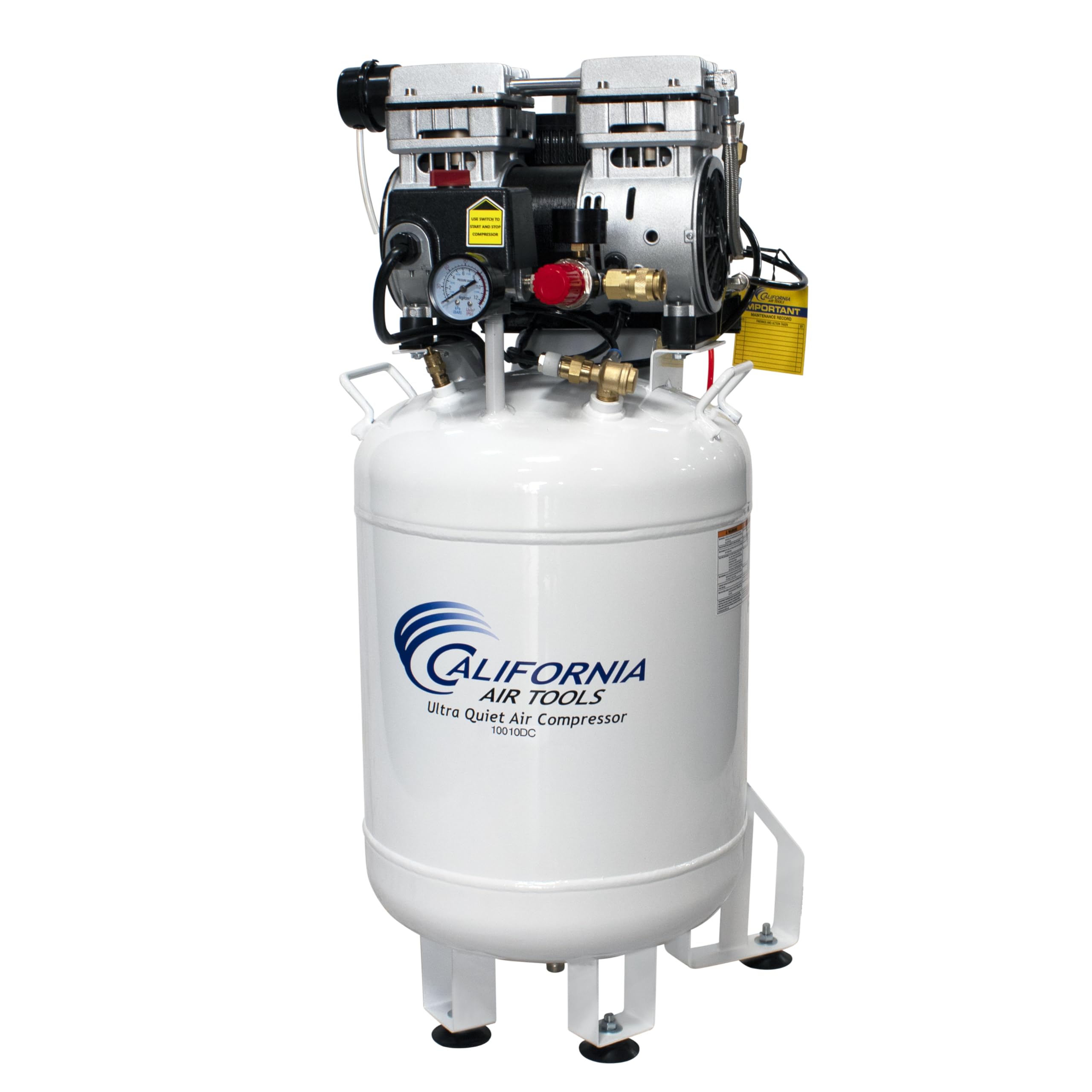 California Air Tools 10010DC Ultra Quiet & Oil-Free 1.0 HP 10-Gallon Steel Tank Air Compressor with Air Drying System - White | Perfect for Home Workshops, DIY Projects & Professional Use
