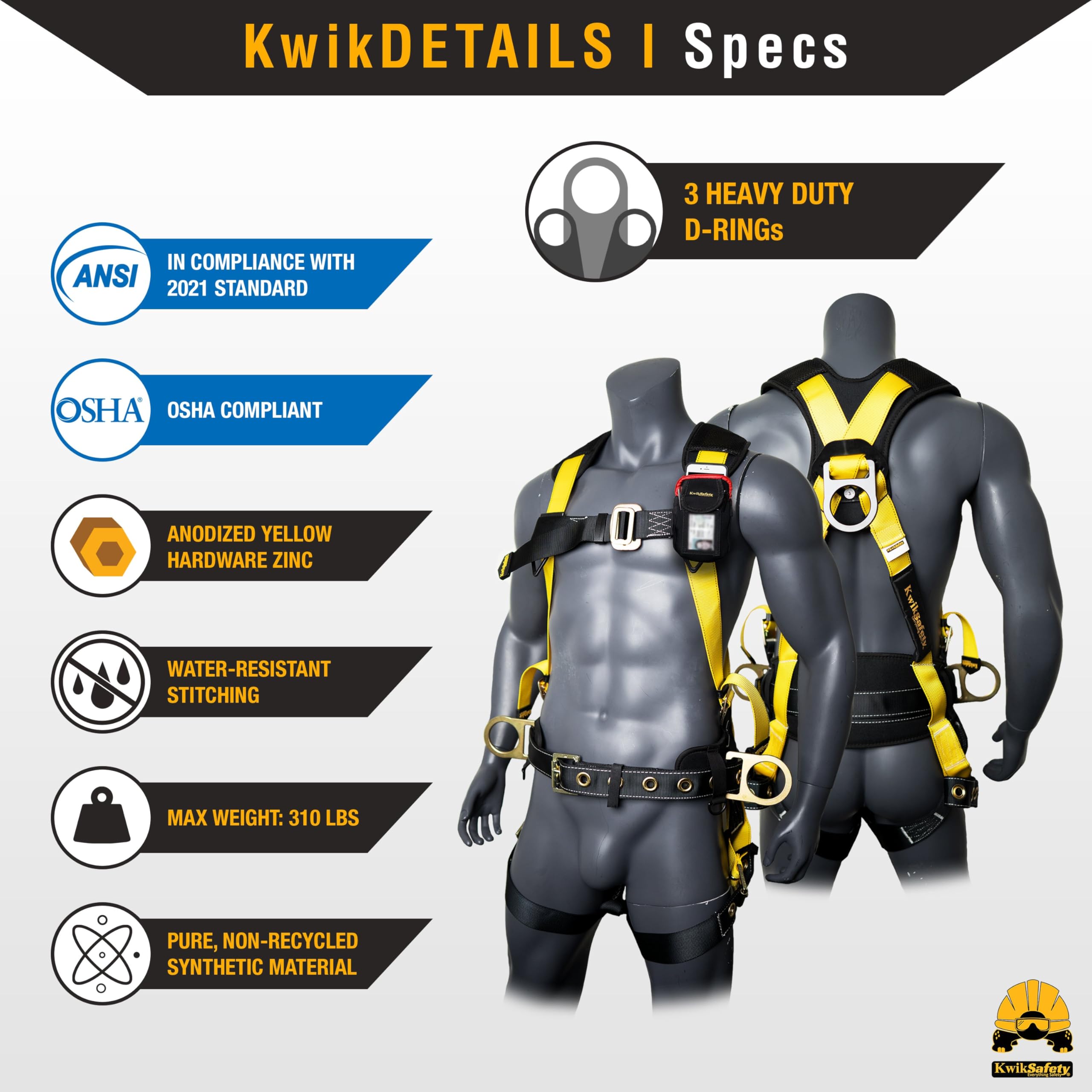 KwikSafety TYPHOON Ironworker Safety Harness with 3 D-Rings & Tool Lanyard Loop - ANSI & OSHA Certified for Construction Work - Fall Protection Gear for Roofing, Scaffolding & High-Rise Projects