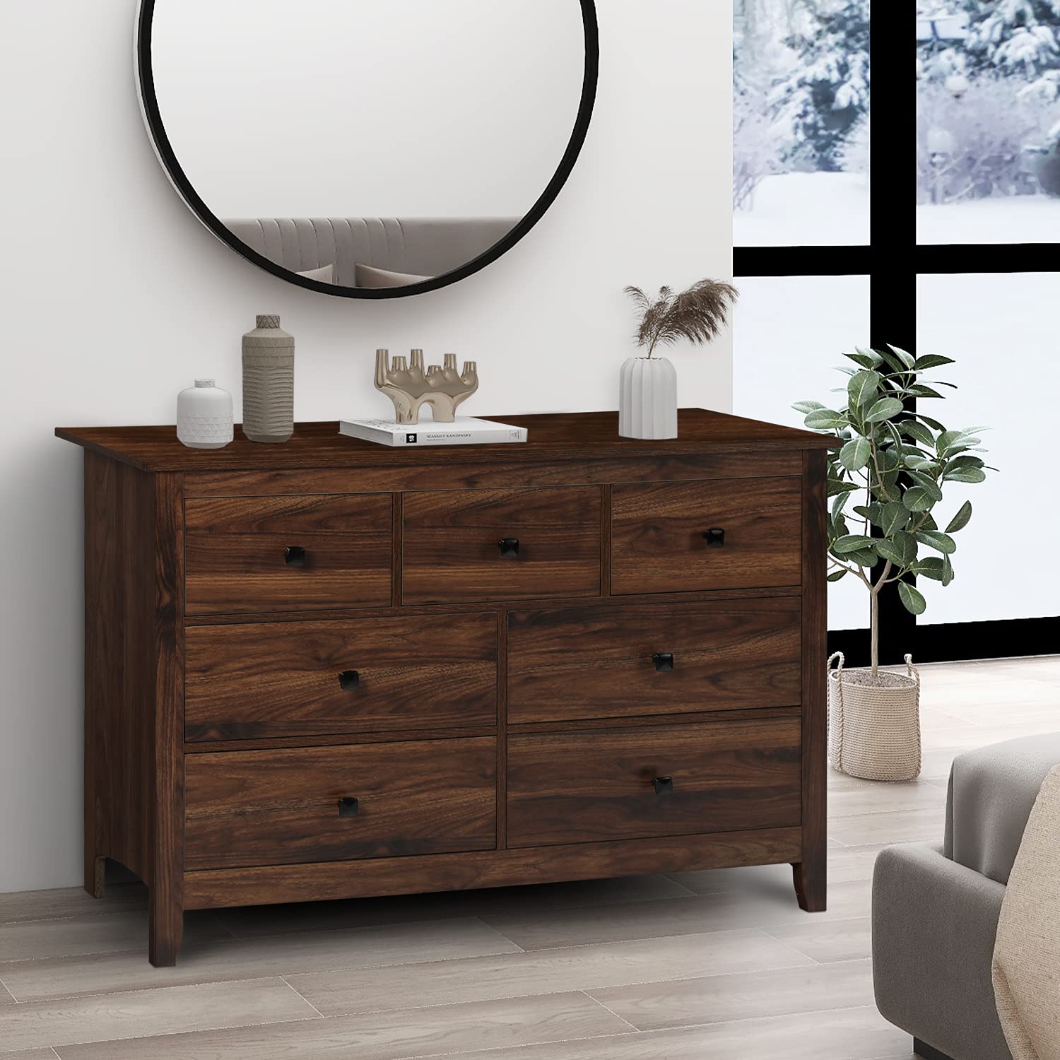 Vikiullf 3-Piece Bedroom Set - 7-Drawer Wood Dresser & 2 Nightstands, Brown Wood Grain Finish - Perfect for Master Bedroom, Guest Room & Apartment Furniture