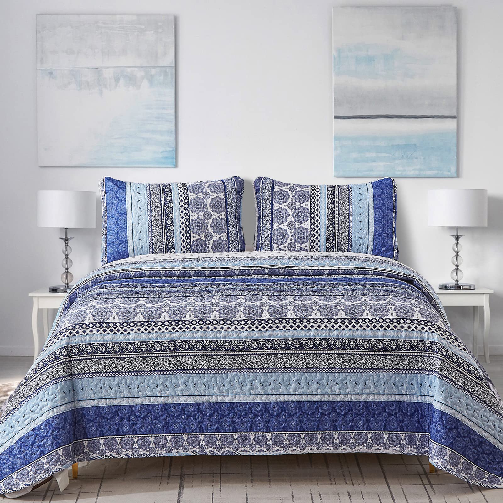 WONGS BEDDING King Size Boho Quilt Set - Blue Bohemian Style Lightweight Bedspread (3 Pieces, 103
