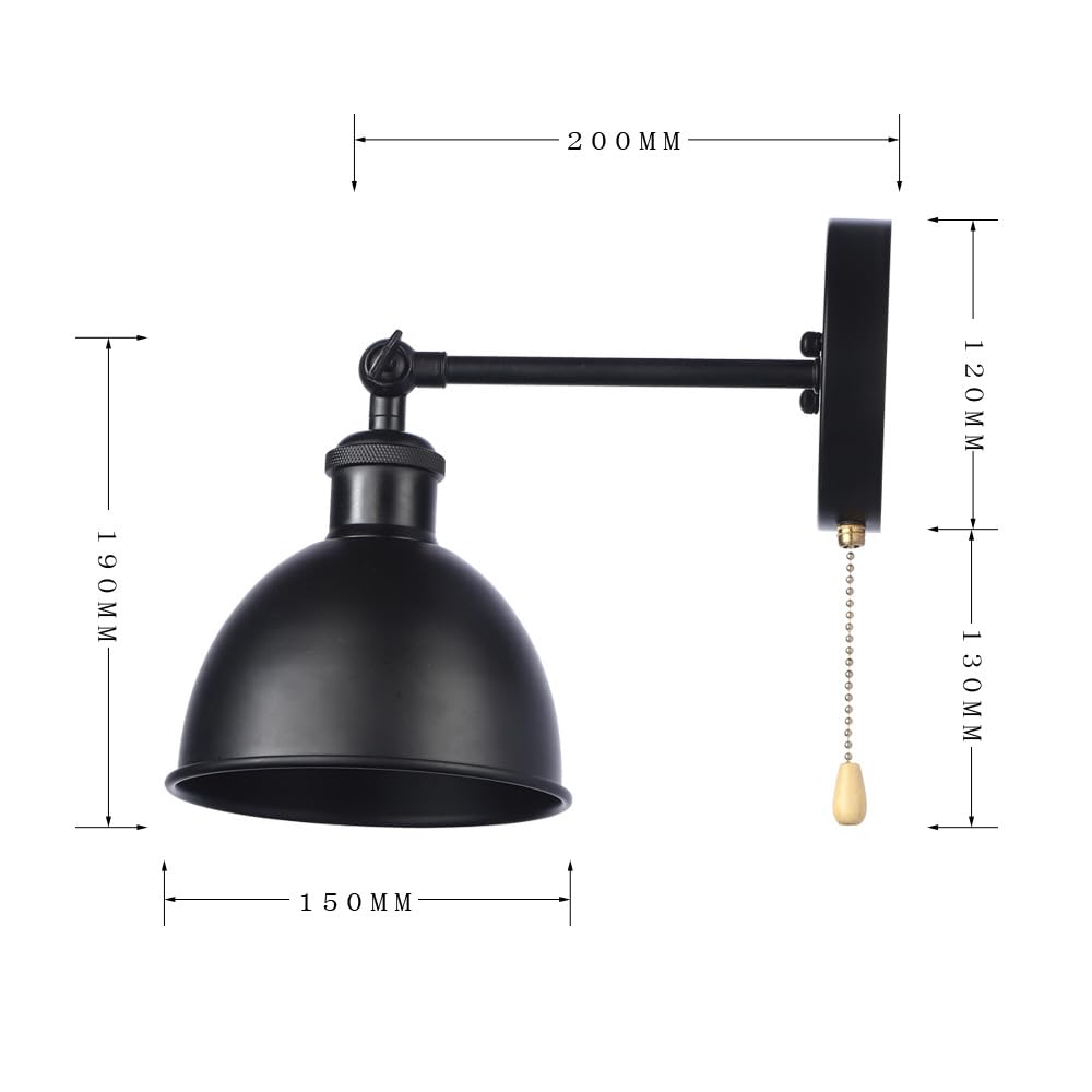 Vintage Black Wall Sconce Light - 1-Light Farmhouse Wall Lamp with Industrial Pull Chain Switch - 15cm Shade - Perfect for Living Room, Bedroom, Bathroom, Kitchen, Hallway & Doorway Lighting