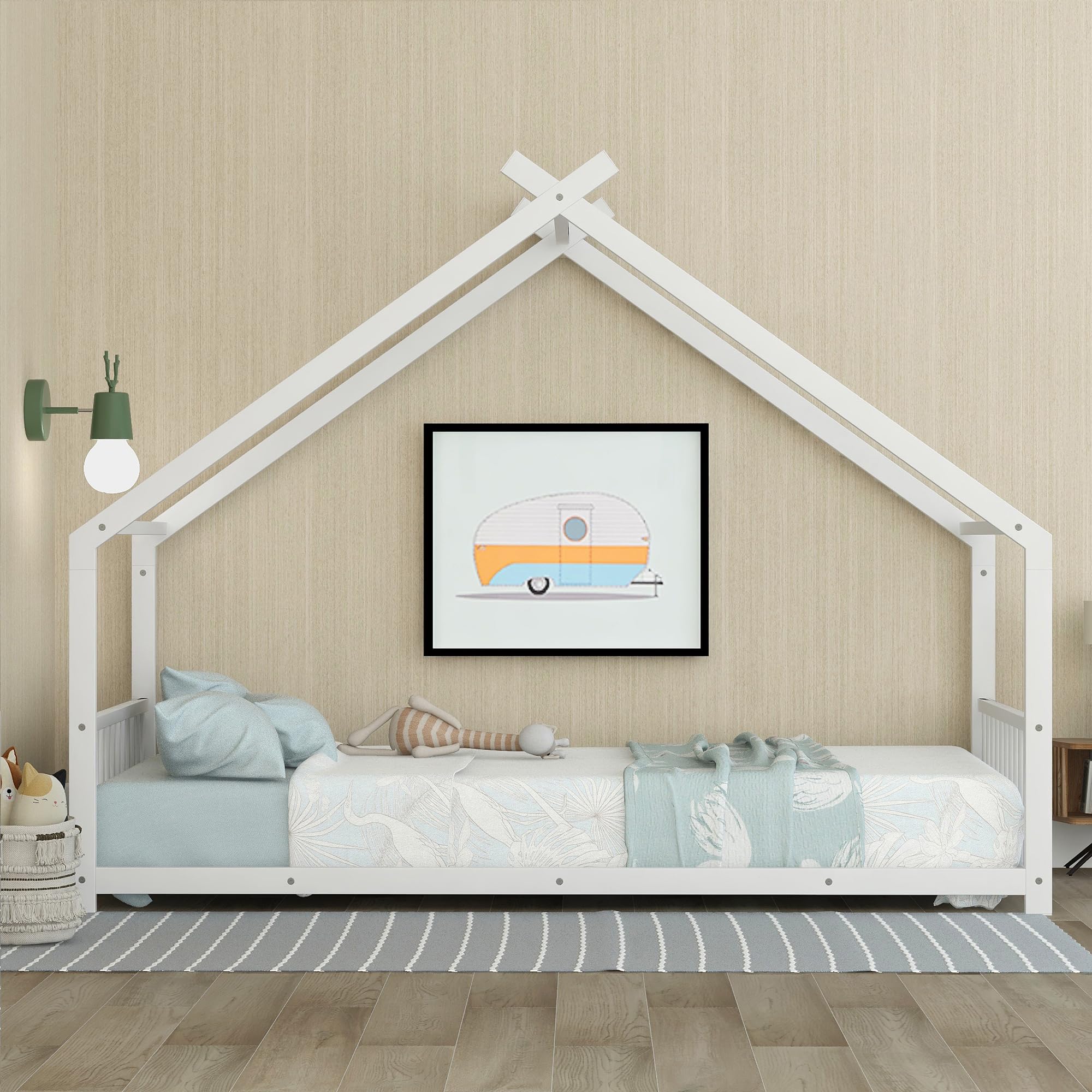 Montessori Twin Size Floor Bed for Kids - White Metal Frame with Headboard, Footboard & Slats - Safe & Sturdy House Bed for Toddlers & Children - Perfect for Montessori Bedrooms, Playrooms & Cozy Sleep Spaces
