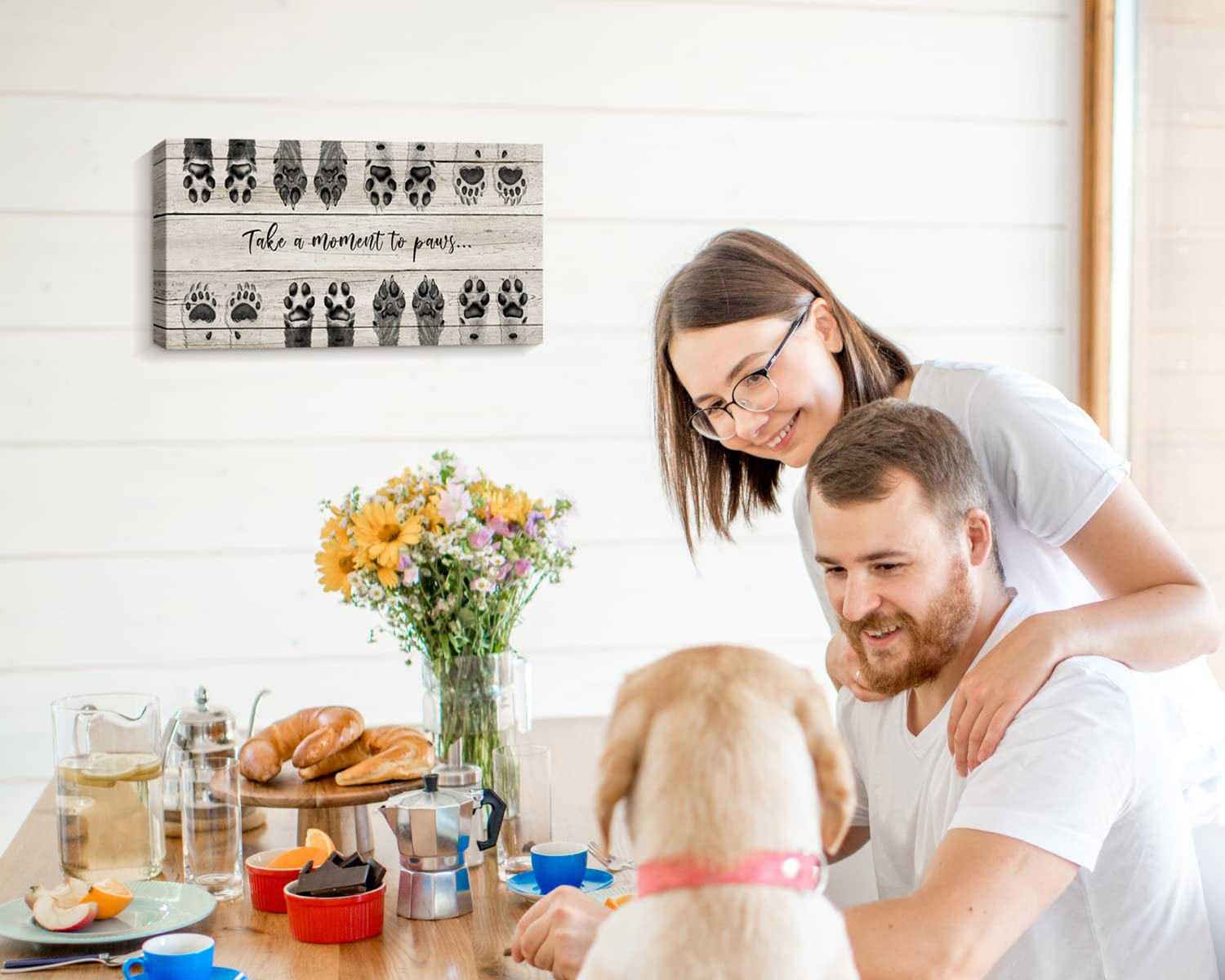 ARTINME Dog Lover Sign - Take a Moment to Paws Framed Canvas Wall Art with Pet Paw Prints, Perfect Puppy Gift for Home Decor, Front Door Sign & Animal Lover Gifts (Black) - Ideal for Living Room, Bedroom or Pet-Friendly Spaces