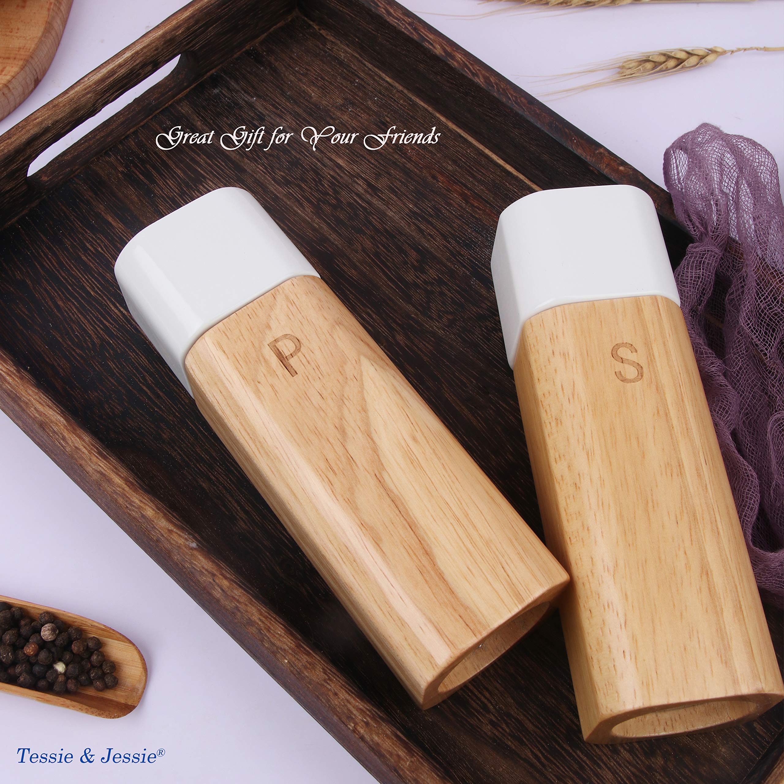 Premium Wooden Salt and Pepper Grinder Set - Refillable 6