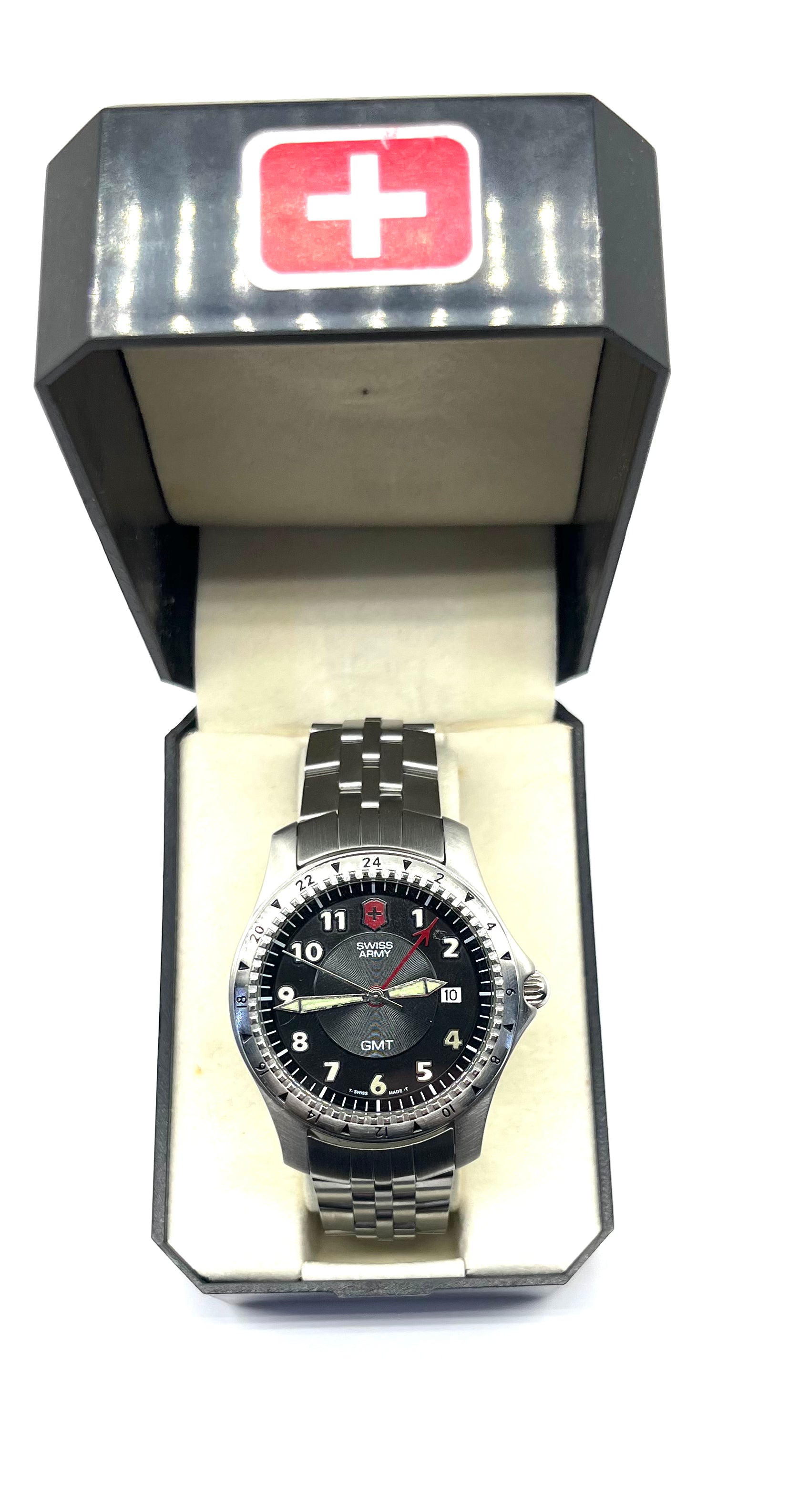 Premium Stainless Steel Swiss Army GMT Watch for Men - Dual Time Zone, Water Resistant, Luxury Travel & Business Accessory