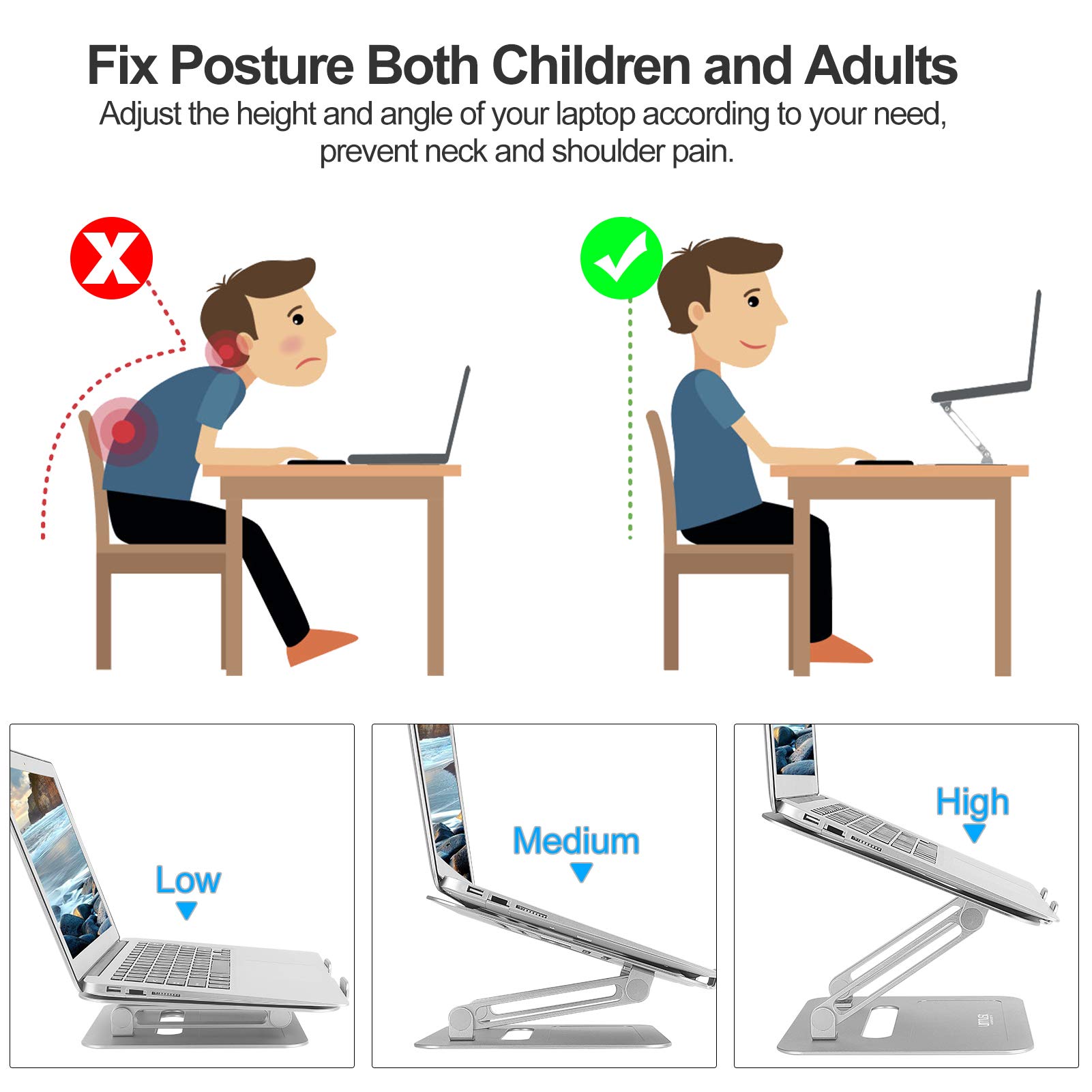 Adjustable Aluminum Laptop Stand for Desk - Ergonomic Computer Riser Holder Compatible with MacBook Air/Pro, Ultrabooks & All 11-17 Inch Laptops (Silver) | Perfect for Home Office, Gaming Setup & Workspace Ergonomics