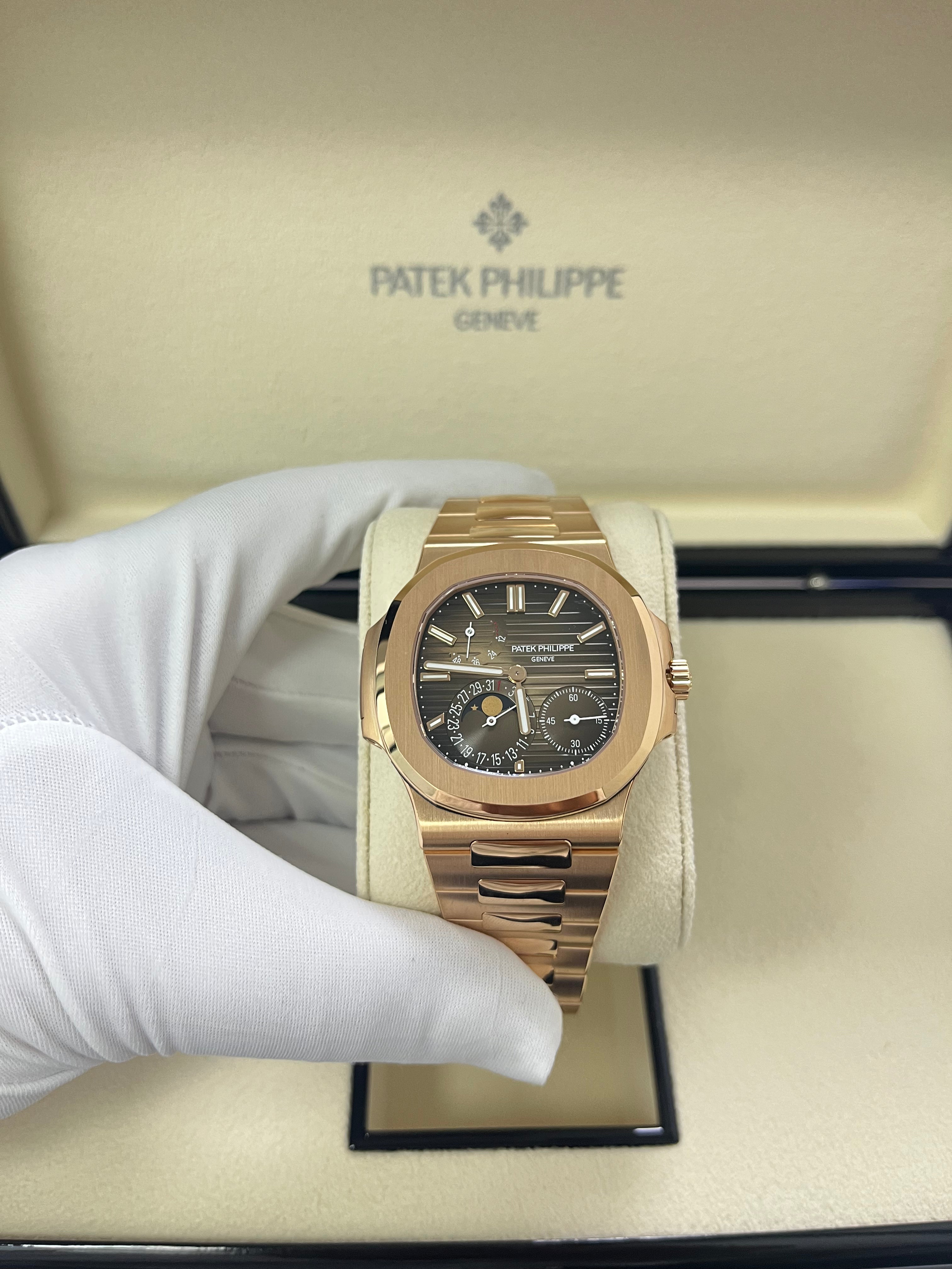 Patek Philippe Nautilus 5712/1R-001 Moon Phase Watch - 40mm Rose Gold Case with Brown Black Dial - Luxury Swiss Automatic Watch for Men - Perfect for Business, Gala Events & Collectors