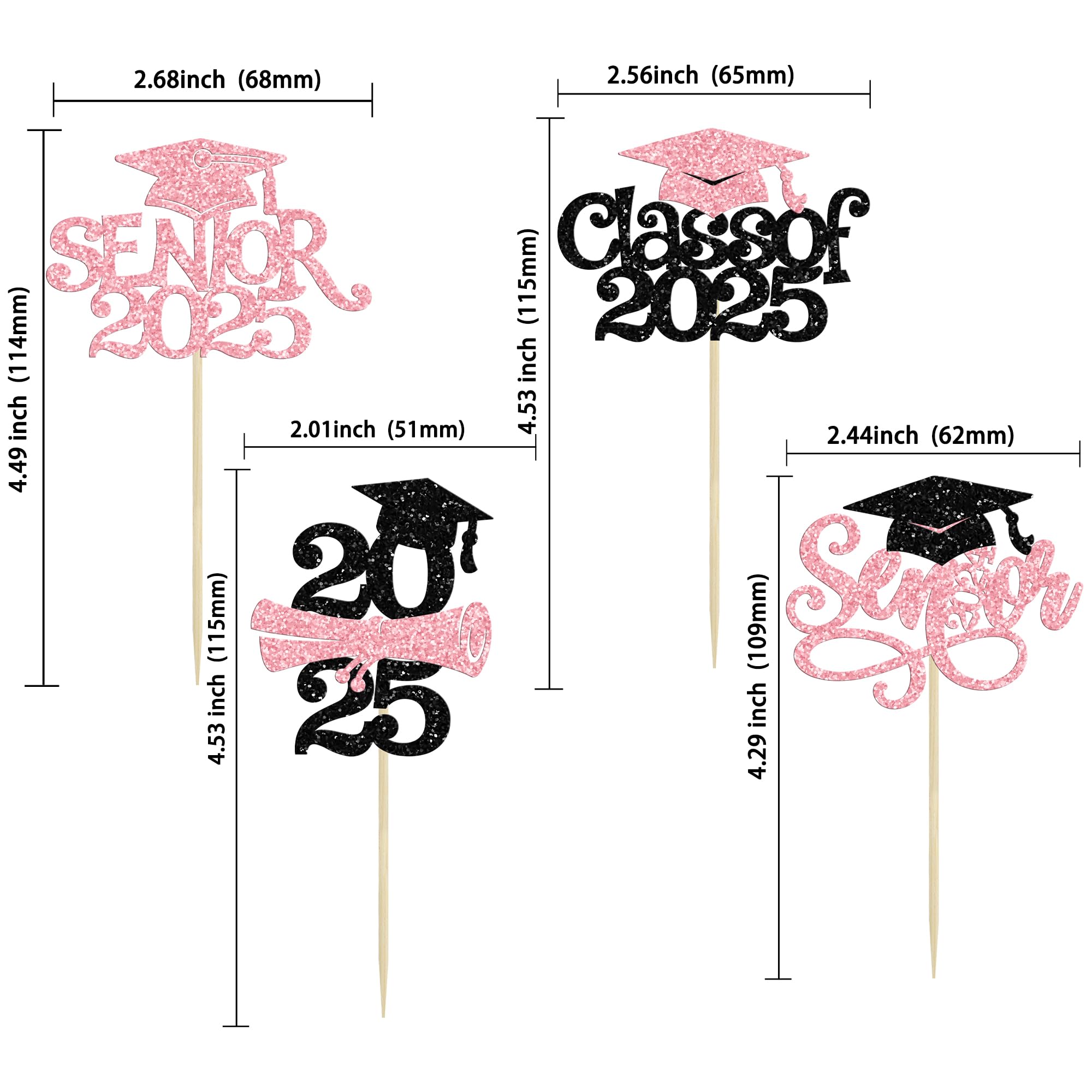 24Pcs 2025 Senior Graduation Cupcake Toppers with Glitter - Class of 2025 Cupcake Picks & Decorations for Graduation Party Supplies (Pink) - Perfect for High School Graduation Cakes, Dessert Tables & Celebration Decor