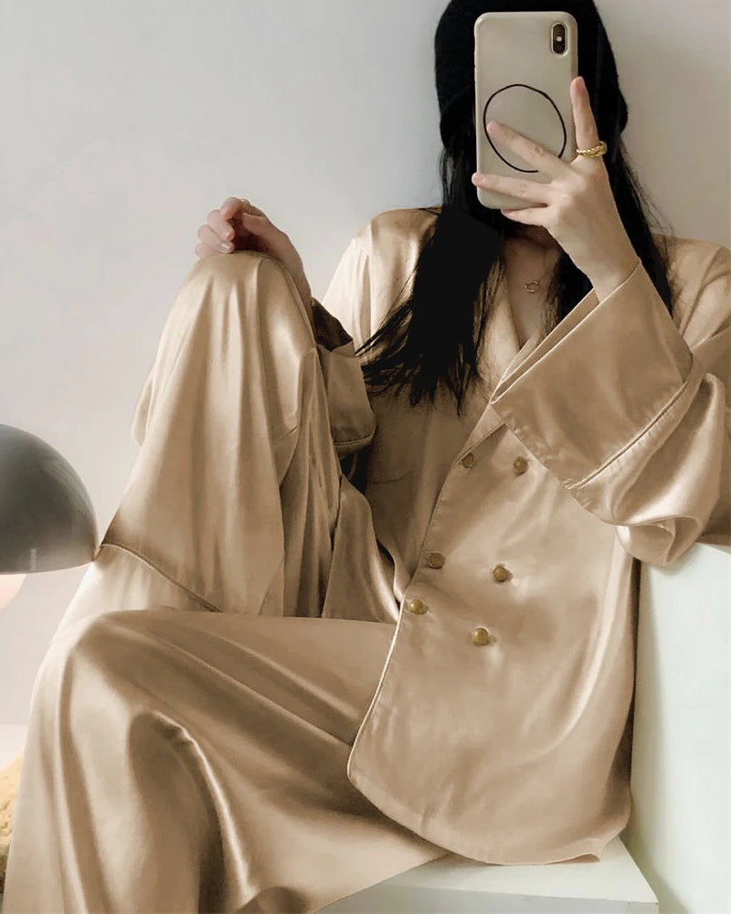 Luxury Oversized Double Breasted Silk Pajamas for Women - Soft & Comfortable Sleepwear Set - Perfect for Lounge, Sleep & Relaxation at Home