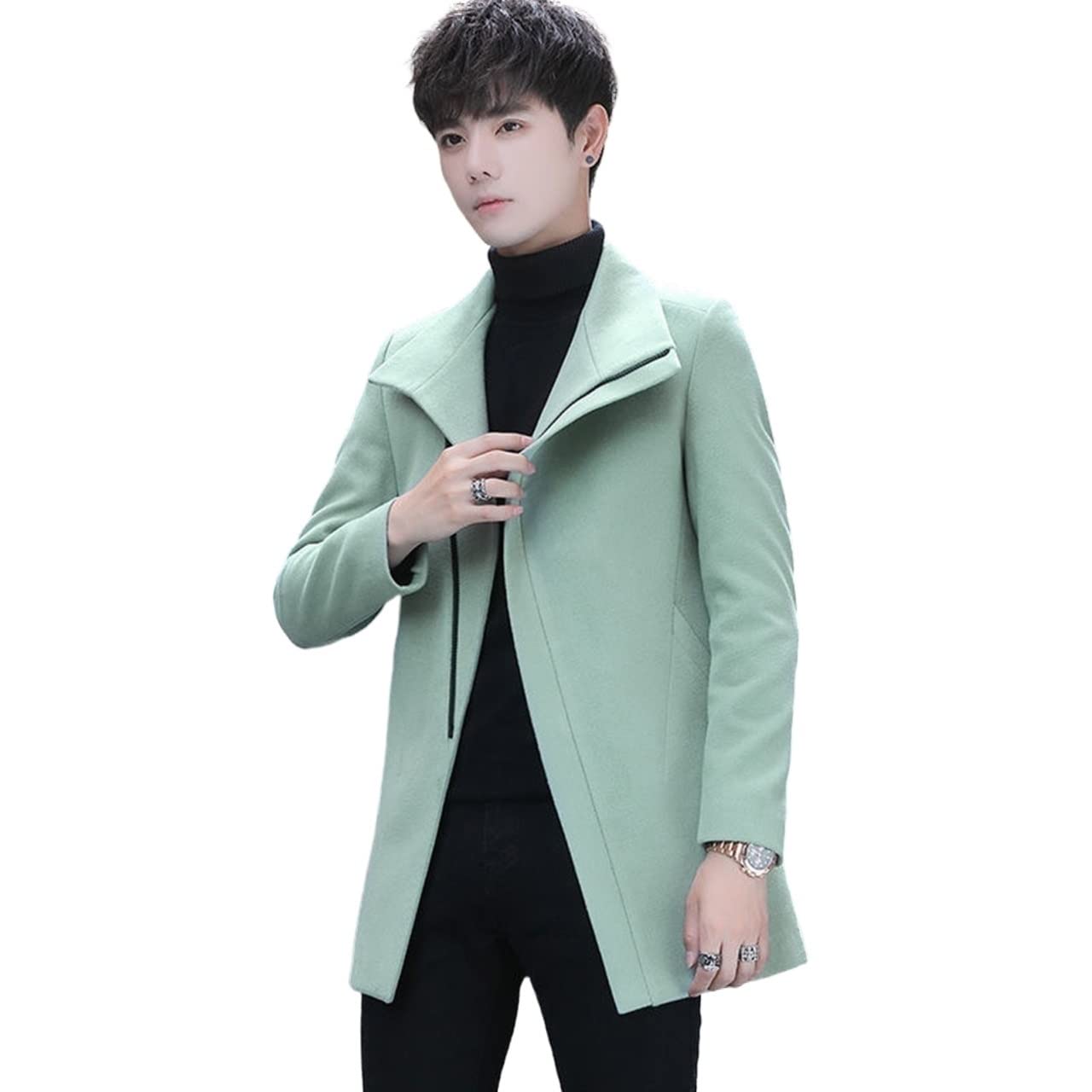 LSTGJ Men's Slim Fit Mid-Length Wool Trench Coat with Zipper - Solid Color Black & Yellow for Work & Office Wear | Winter Warm Jacket for Business & Casual Outfits