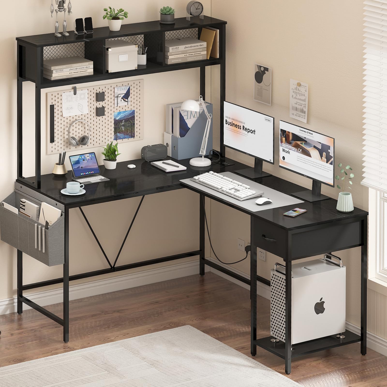 Yoobure L-Shaped Gaming Desk with LED Lights & Power Outlet - Reversible Computer Corner Desk with Storage Shelf, Drawer & Organizer Bag - Ergonomic Home Office Workstation for 2 People (Black) - Perfect for Small Spaces, Gaming Setups & Shared Workspaces
