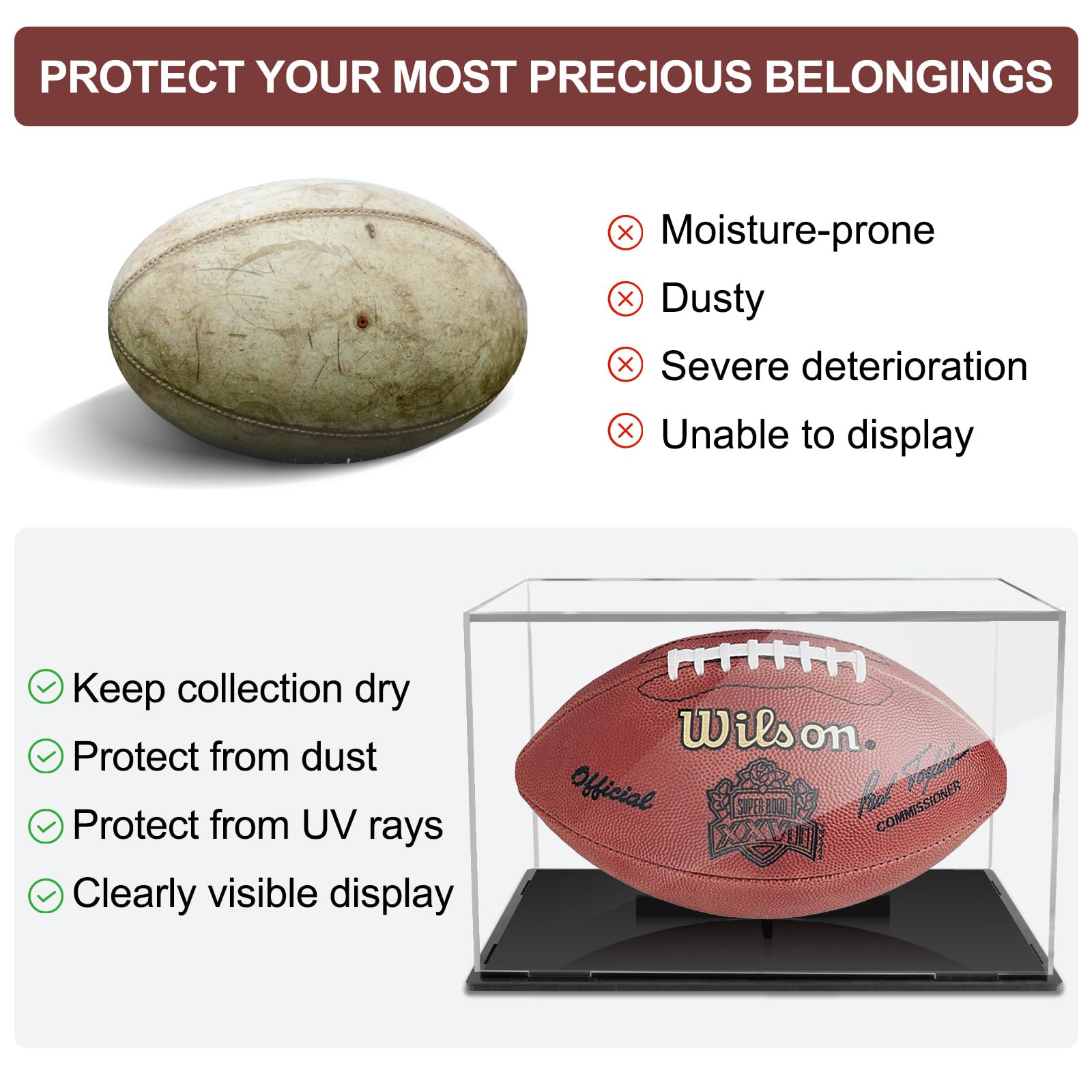 Clear Acrylic Football Display Case with Removable Stand - UV & Dust Protection for Signed Footballs, Sports Memorabilia & Collectibles - Perfect for Home, Office, or Man Cave Decor