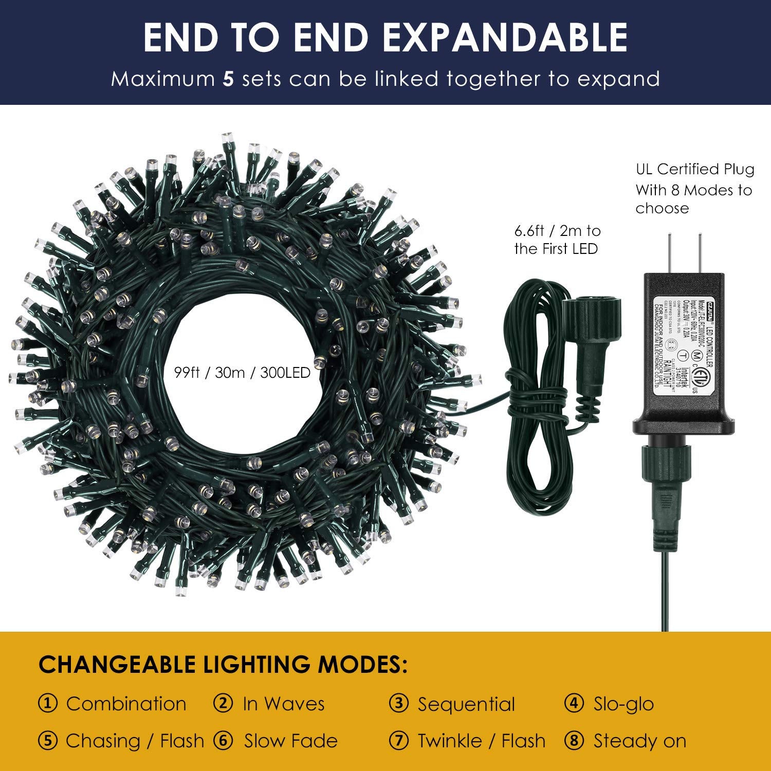 Bright 300 LED Christmas Lights Outdoor - 100ft Connectable for Tree & Party Decor