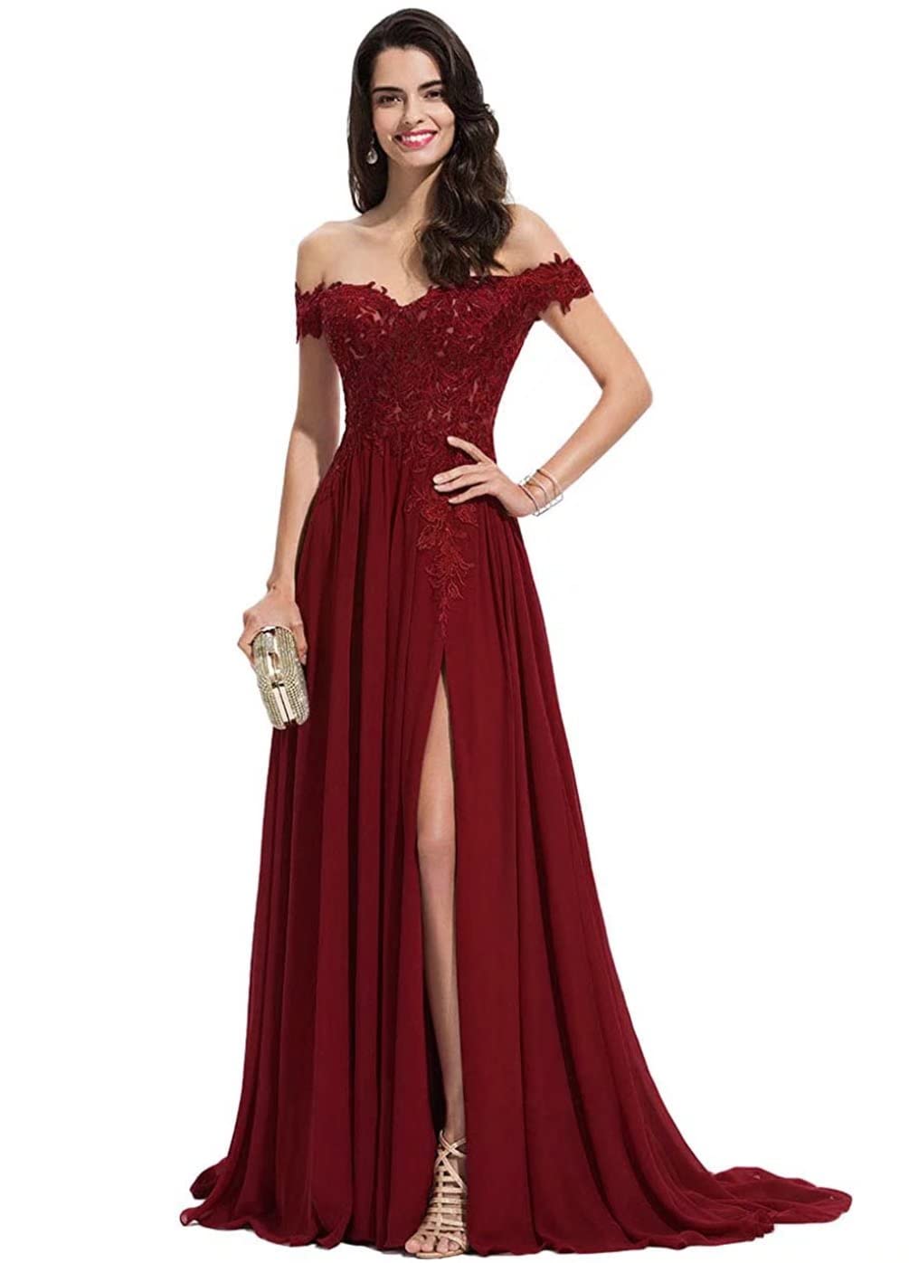 BTgirl Women's Off Shoulder Long Prom Dresses with Split Lace Appliques Chiffon V Neck Formal Evening Gowns for Homecoming, Wedding Guest, Cocktail Party & Special Occasions
