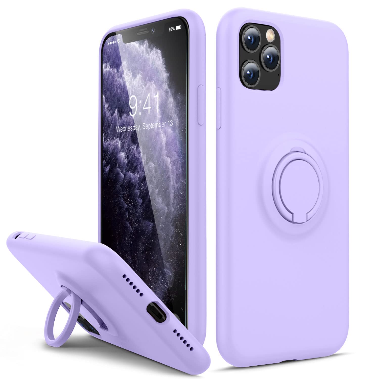 Thomo Liquid Silicone iPhone 11 Pro Max Case with Ring Holder & Kickstand - Anti-Scratch Microfiber Lining, Full Body Protective Cover (Light Purple) - Perfect for Work, Travel and Everyday Use