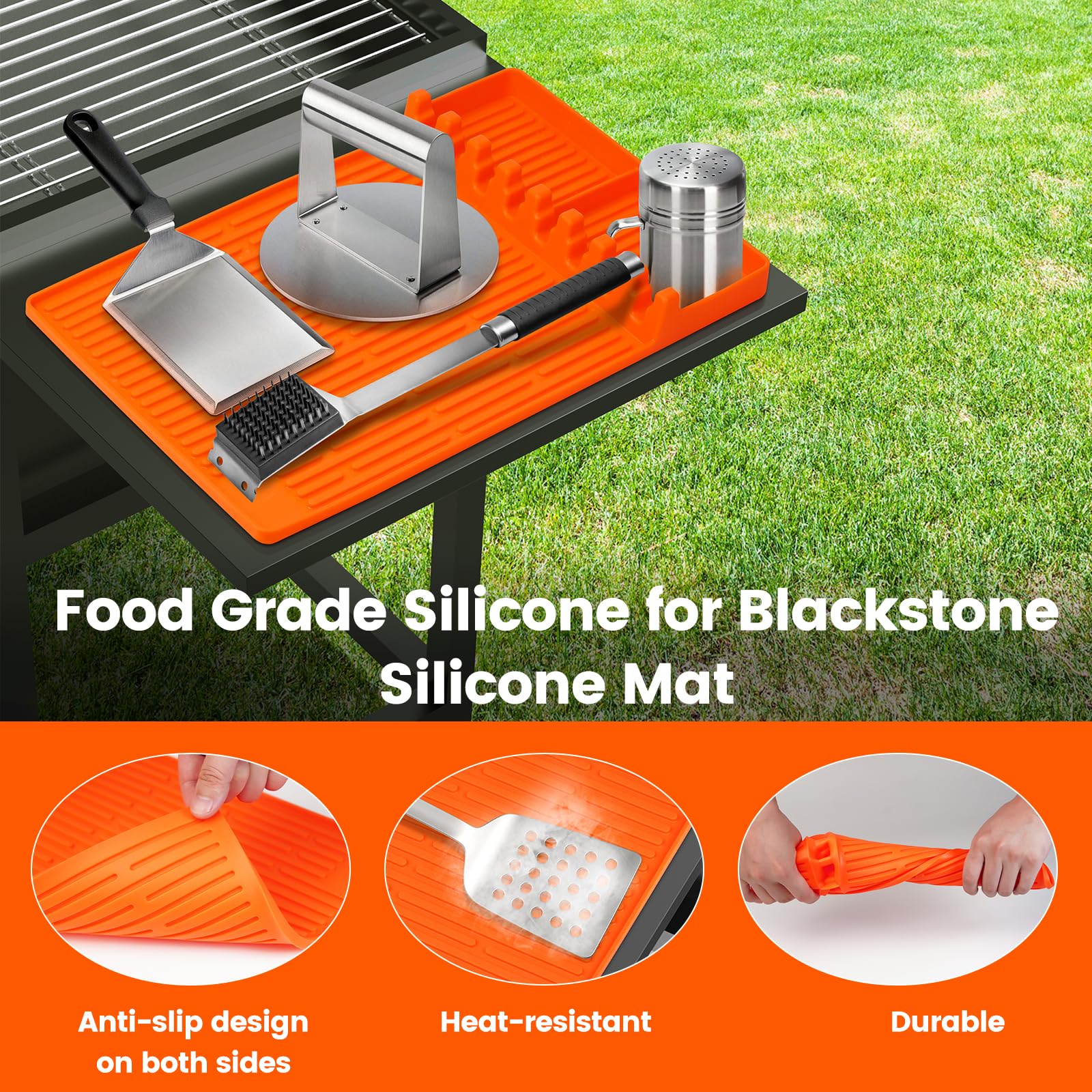 **Blackstone Silicone BBQ Grill Mat – Heat-Resistant Non-Stick Cooking Mat for Blackstone Griddles – Drip Pad & Spatula Mat – Perfect for Grilling, Baking & Countertop Protection**    *(Use: Ideal for outdoor BBQ, indoor cooking, baking, and protecting countertops from grease and spills.)*