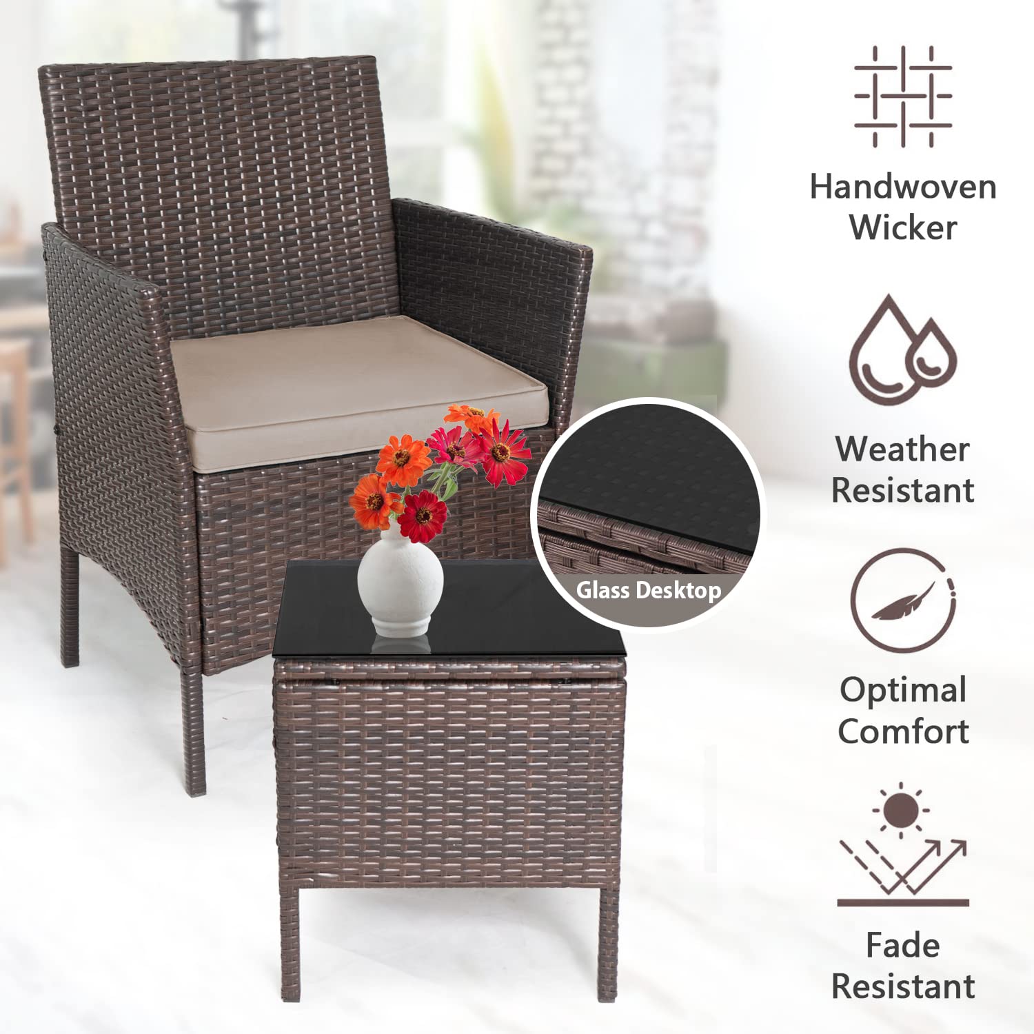 3-Piece Outdoor Wicker Bistro Set - Patio Conversation Furniture with 2 PE Rattan Chairs, 2 Cushions & Coffee Table - Perfect for Garden, Yard, Porch or Balcony Relaxation & Entertaining