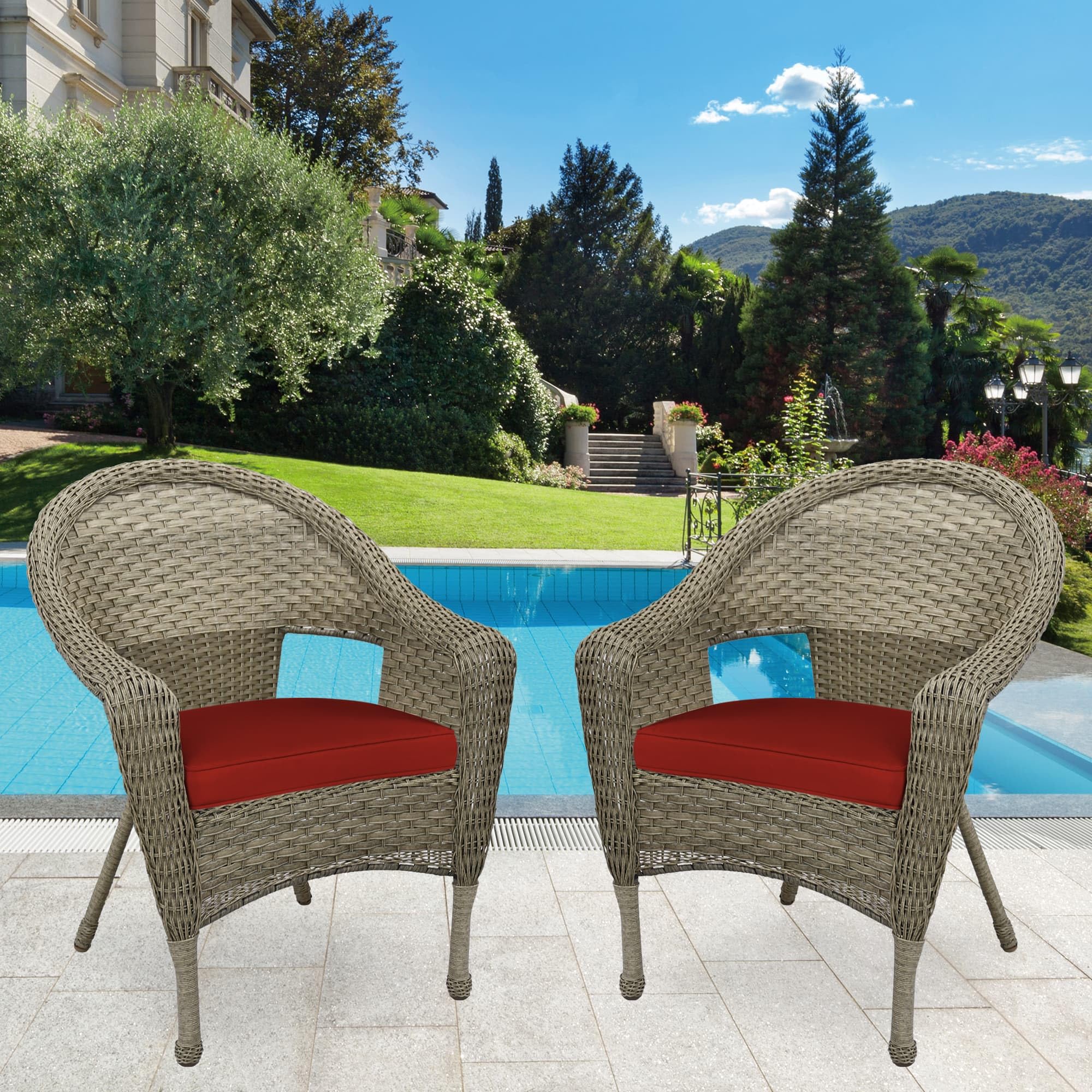 Jeco W00402G_2-FS018 Set of 2 Outdoor Resin Wicker Clark Single Chairs with Grey Frame & Brick Red Cushions - Patio, Garden, Poolside Furniture for Relaxing