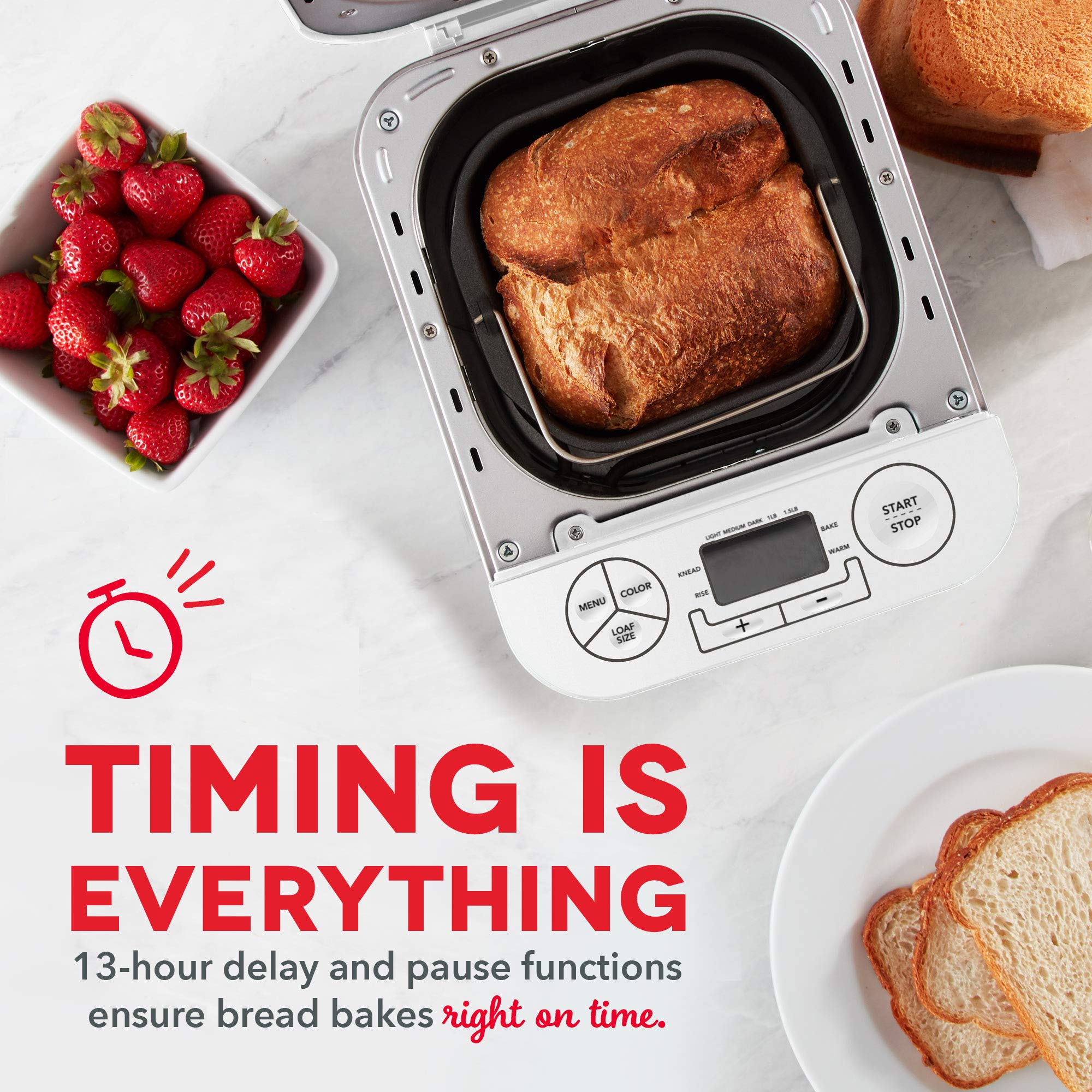 Dash Everyday Stainless Steel Bread Maker - 1.5lb Loaf Capacity, 12 Programmable Settings, Gluten-Free Option & Auto Dispenser | Perfect for Homemade Bread, Artisan Loaves & Gluten-Free Baking (White)