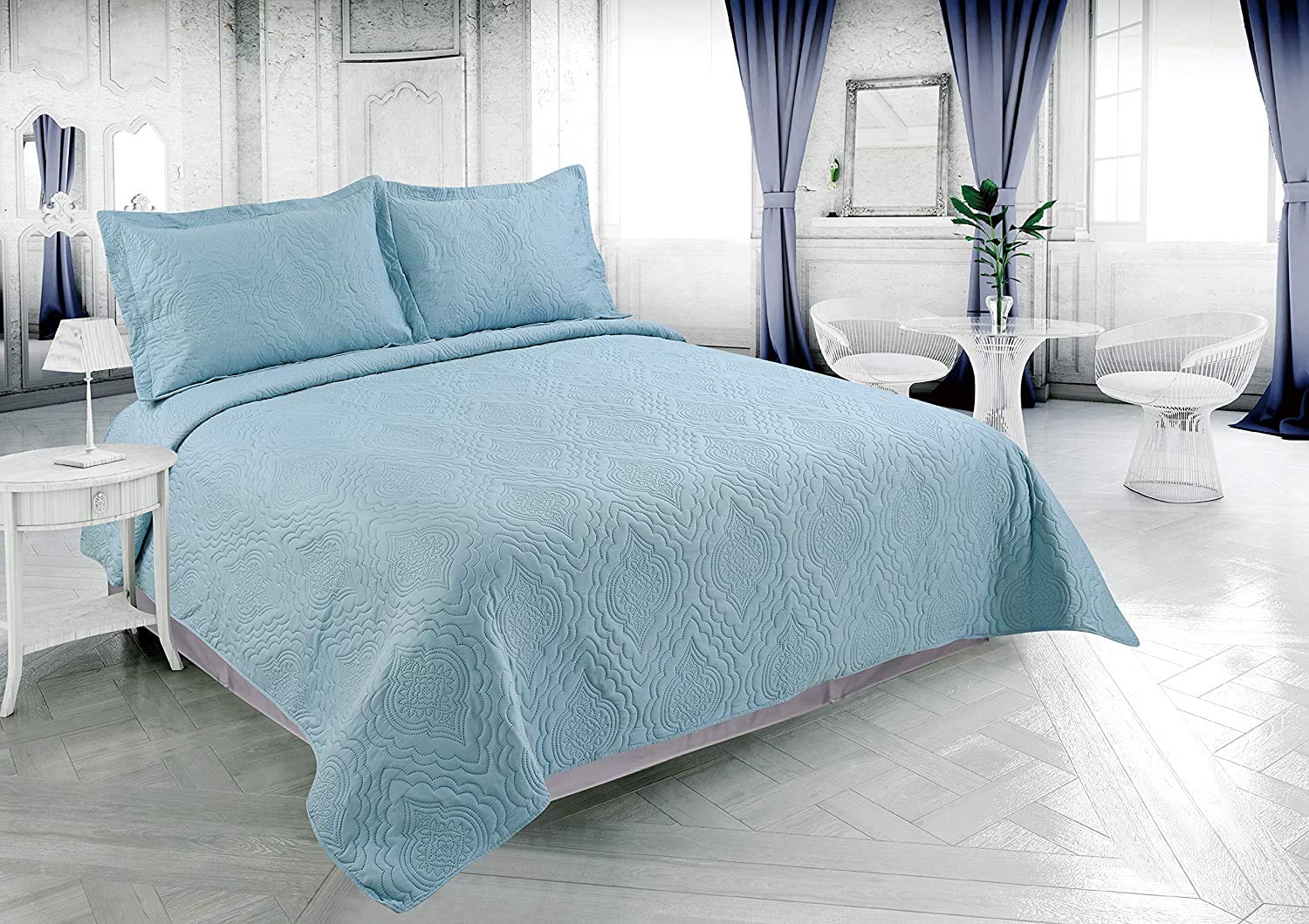 Pinsonic Embossed 3-Piece Quilt Set - Ultra Soft King Size Bedspread with 2 Shams in Aqua Blue | Luxury Bedding for Master Bedroom, Guest Room & Hotel Decor