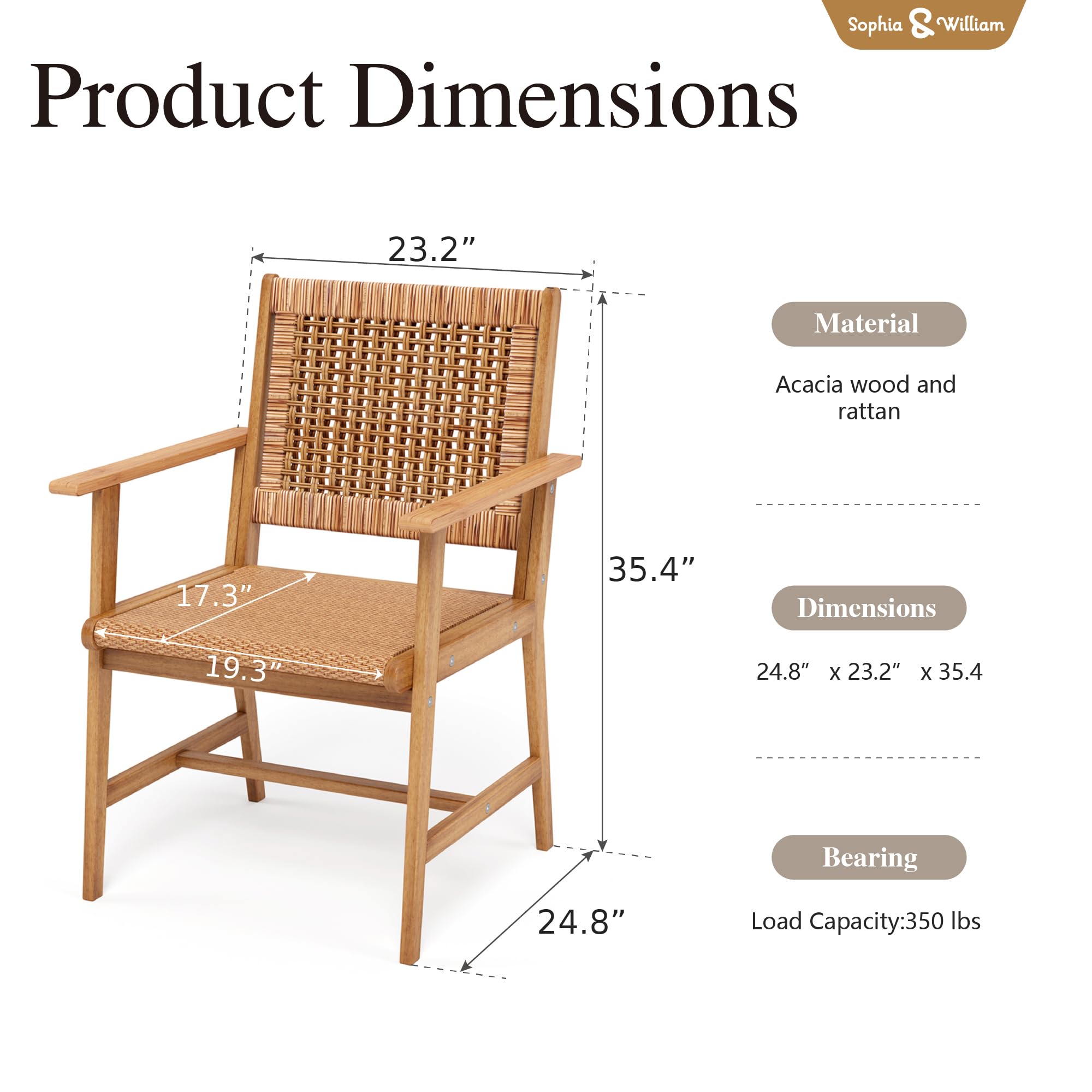 Sophia & William 2-Piece Outdoor Patio Dining Chairs Set - Handwoven Rattan Armchairs with Acacia Wood Frame for Porch, Backyard, Garden & Balcony - Perfect for Al Fresco Dining, Lounging & Outdoor Entertaining
