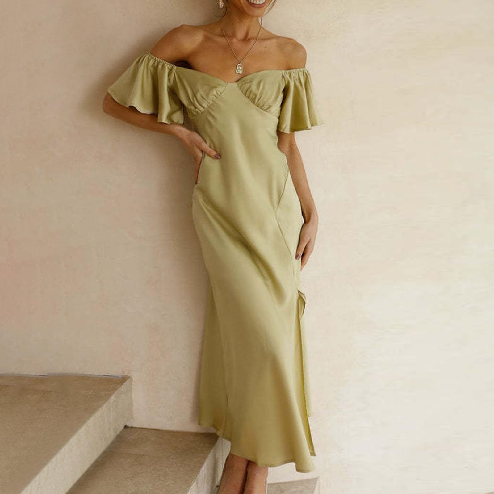 NATHGAM Women's Elegant Satin Off Shoulder Cocktail Dress with Butterfly Sleeves & Side Slit - Perfect for Summer Weddings, Formal Events & Prom Nights