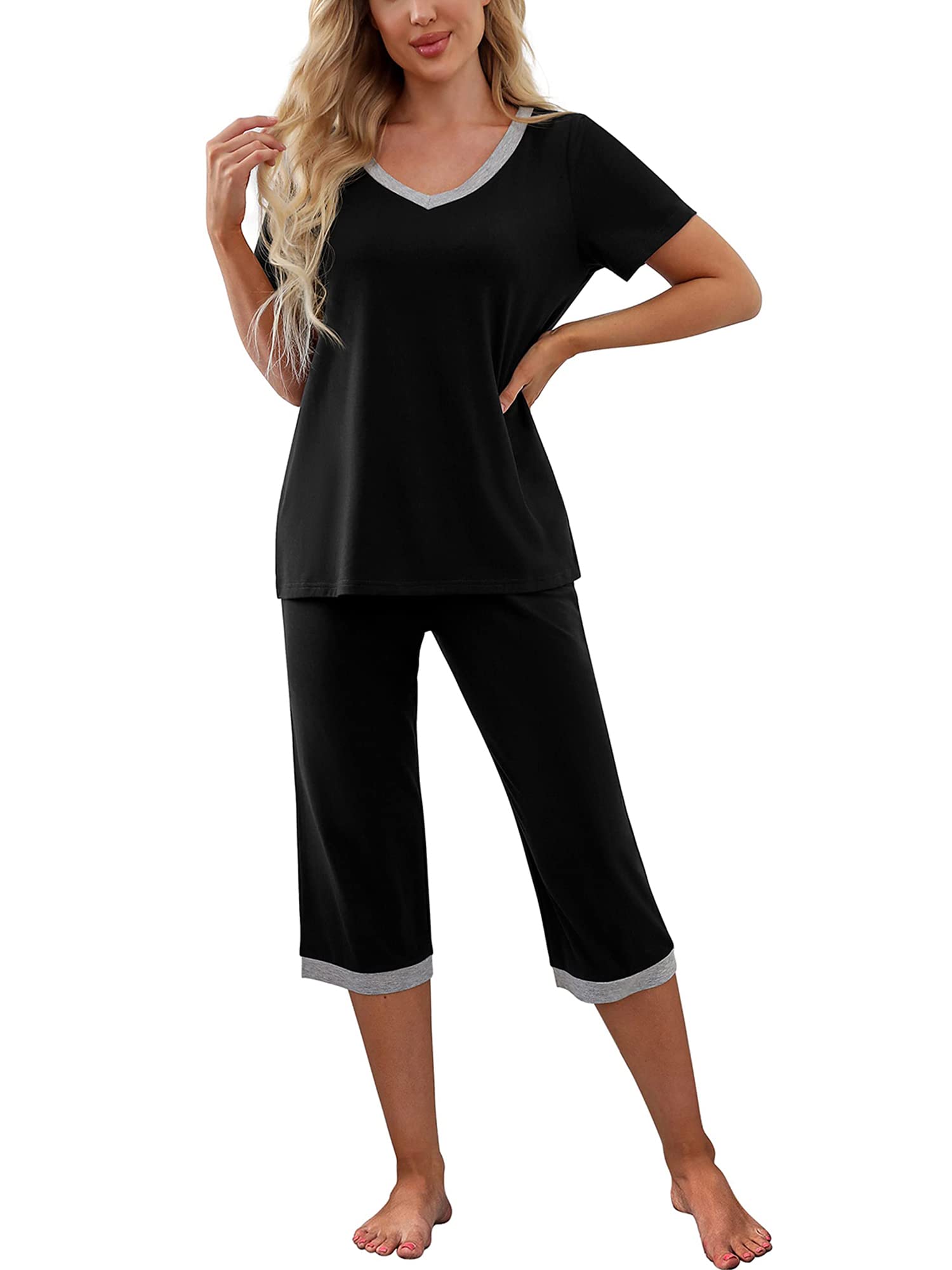 Franhais Women's Short Sleeve V-Neck Pajama Set - 2 Piece Lounge Sleepwear with Pockets | Soft & Comfortable PJS for Sleeping, Relaxing at Home, and Travel