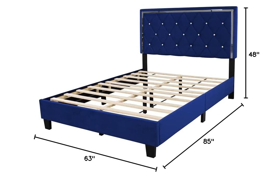 Pemberly Row Modern Velvet Upholstered Queen Size Platform Bed Frame - Luxurious Blue Velvet Fabric - Perfect for Contemporary Bedroom Decor & Master Suite Upgrade
