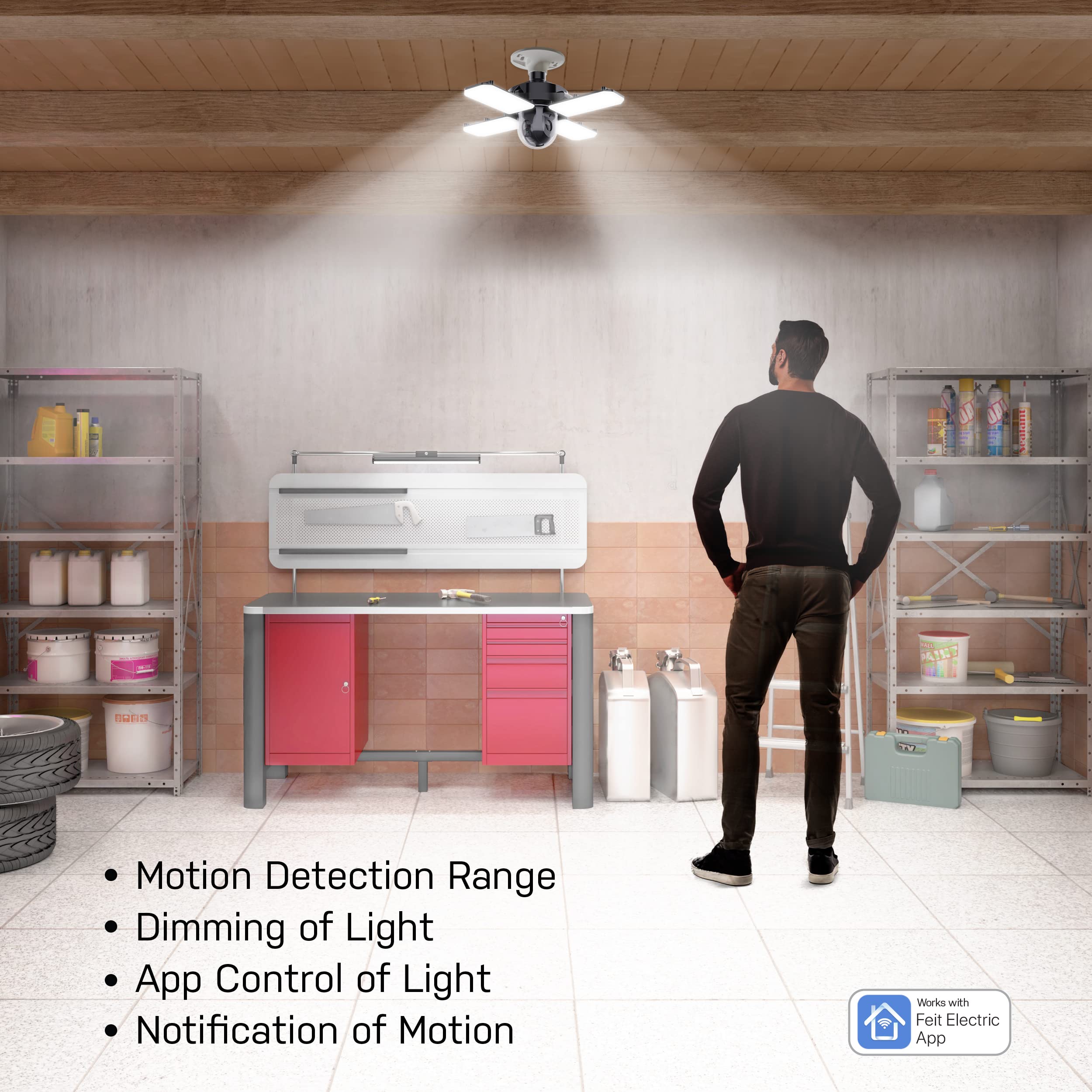 Feit Electric Smart LED Garage Ceiling Light with Built-in Security Camera - WiFi 2.4GHz, E26 Screw-in Base, Motion Sensor, Two-Way Audio & Video Alerts - 12,000 Lumens 5000K Dimmable - Ideal for Home Security, Garage Lighting & Smart Home Integration
