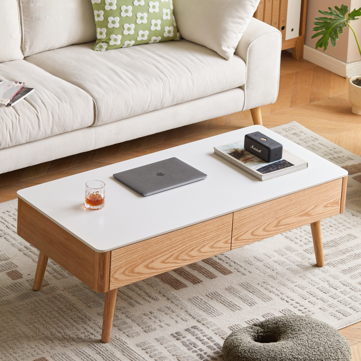 Solid Oak & Beech Wood Slate Coffee Table - Modern Minimalist Design for Living Room, Lounge & Office