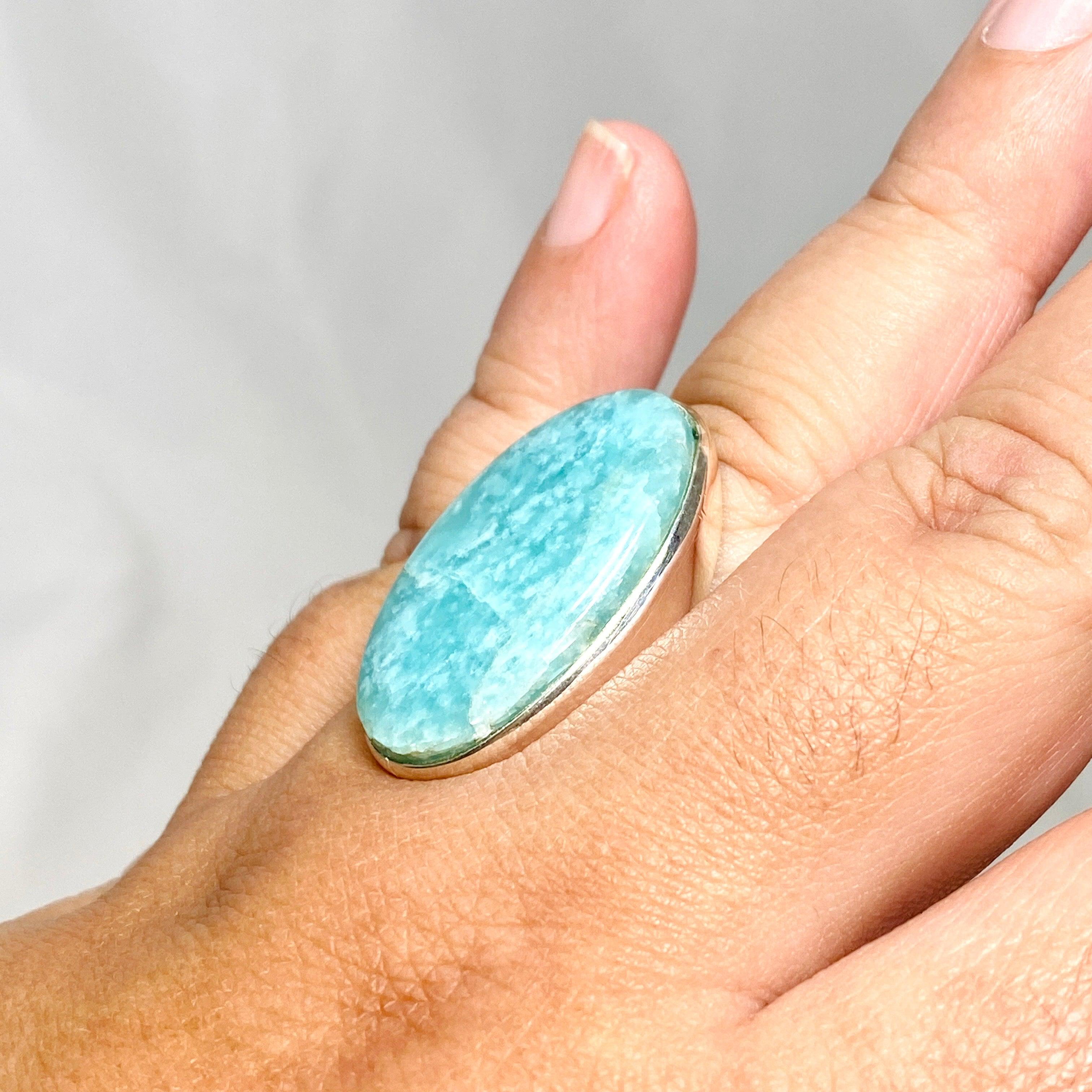 Amazonite Oval Ring Size 11 - Natural Stone Jewelry for Women, Sterling Silver Adjustable Band, Boho Chic Accessory - Perfect for Everyday Wear, Gift Giving & Special Occasions