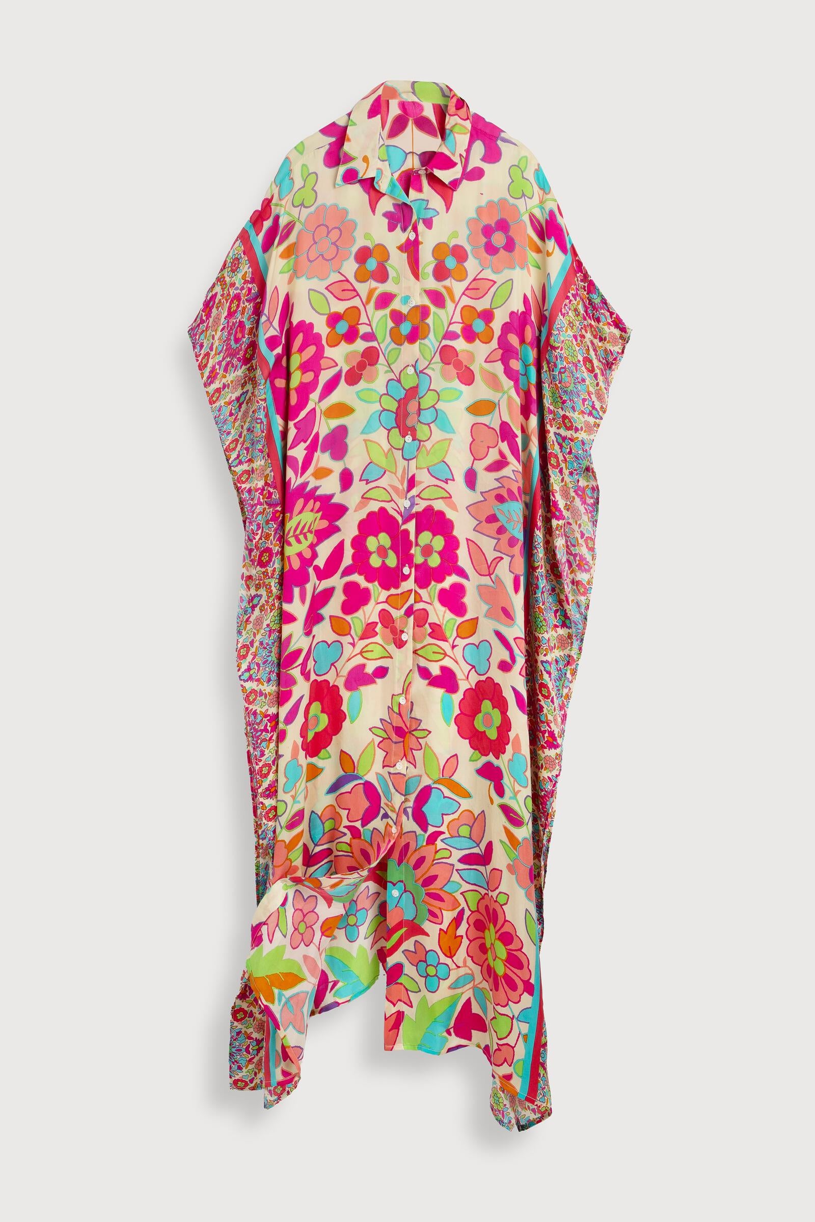Stylish Multicolored Floral Print Collared Kaftan Dress for Women | Beach Cover Up, Summer Vacation, Boho Chic Outfit