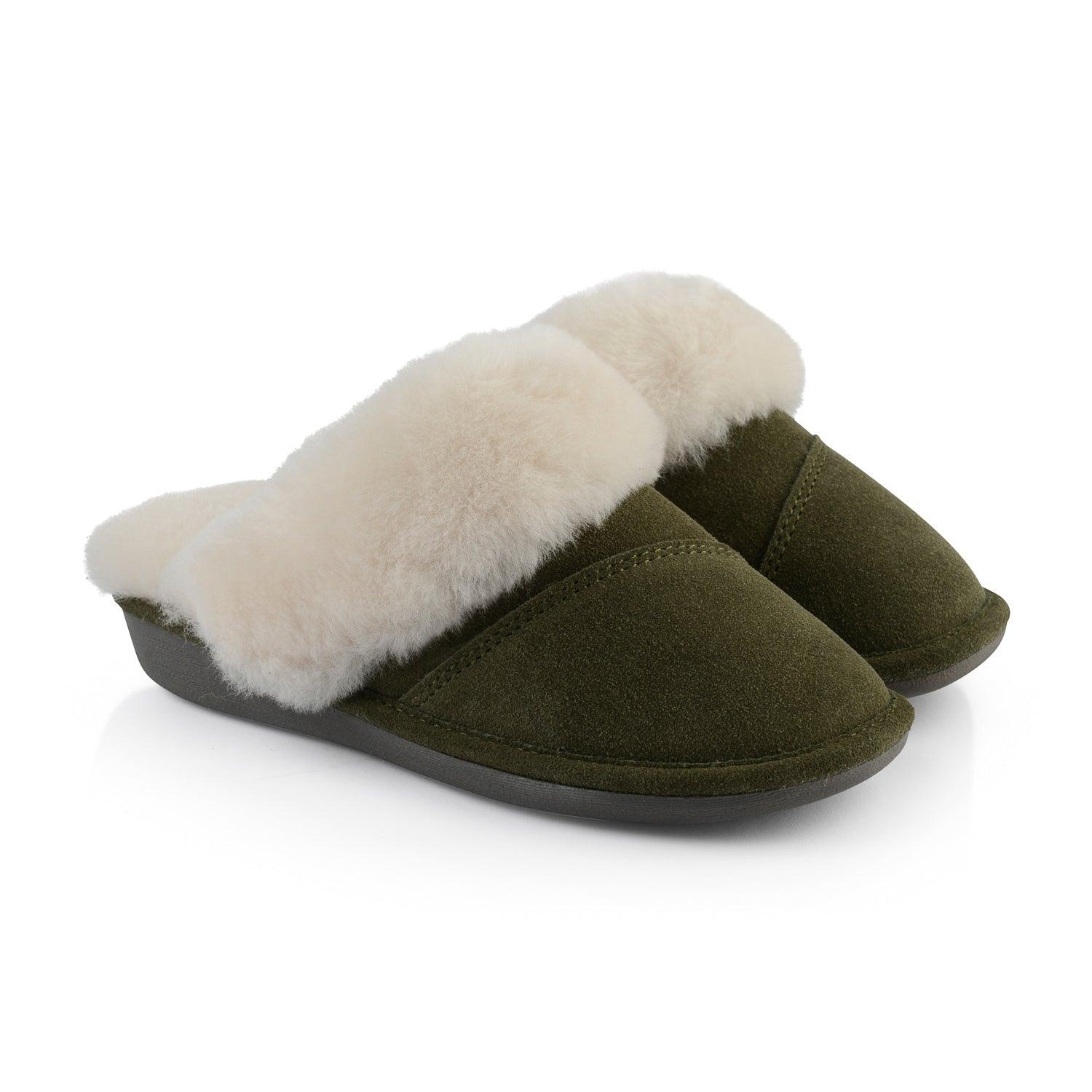 Joy Women's Fuzzy House Slippers - Soft Indoor/Outdoor Slides with Memory Foam, Military Green - Cozy Comfort for Home, Lounge & Backyard Relaxation